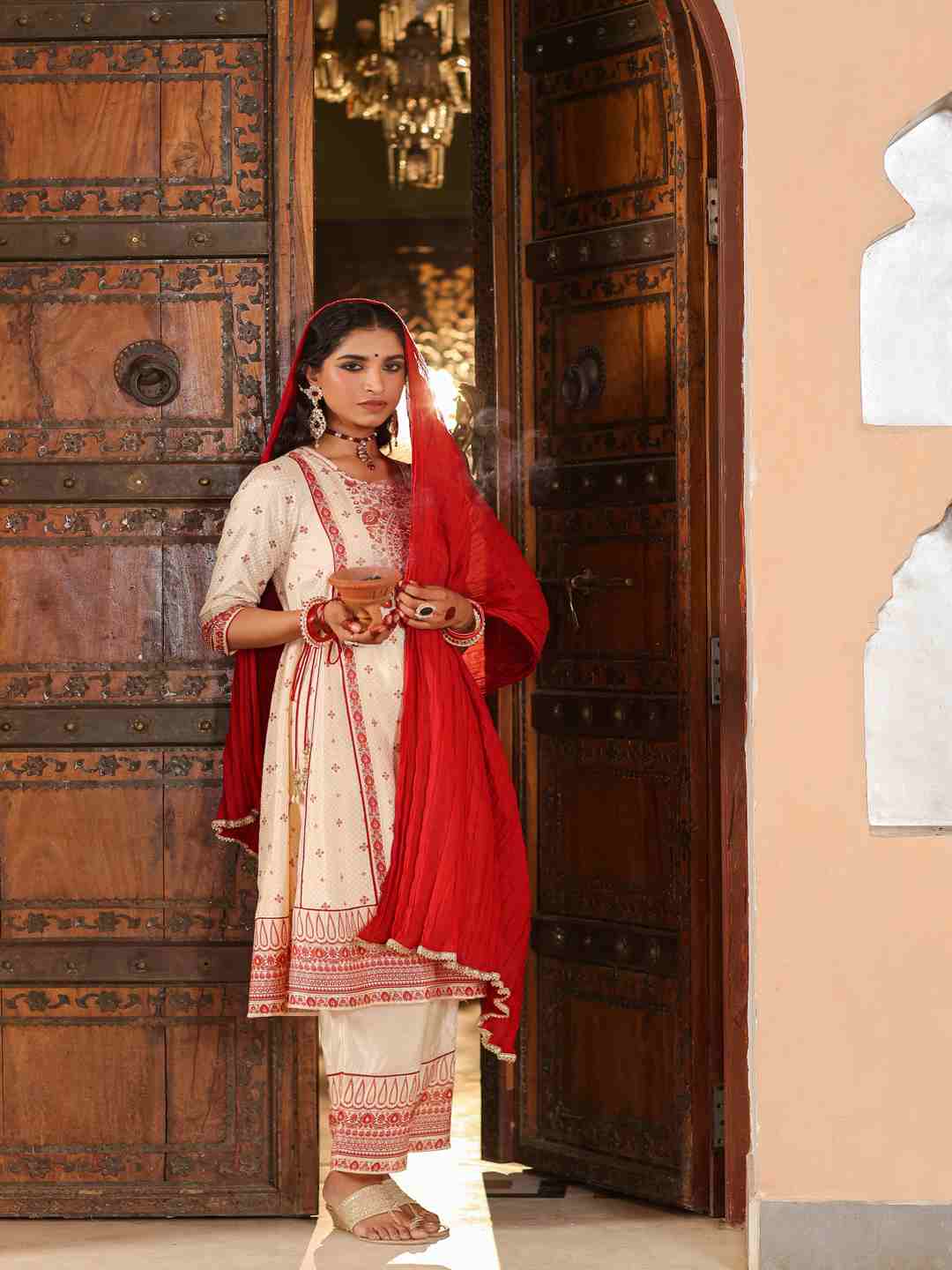 Beige Viscose Shantoon Printed Kurta, Pants & Dupatta Set