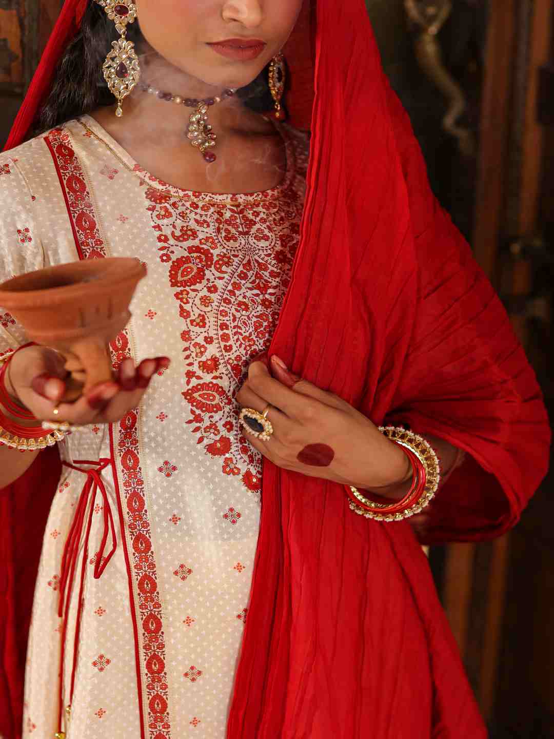 Beige Viscose Shantoon Printed Kurta, Pants & Dupatta Set