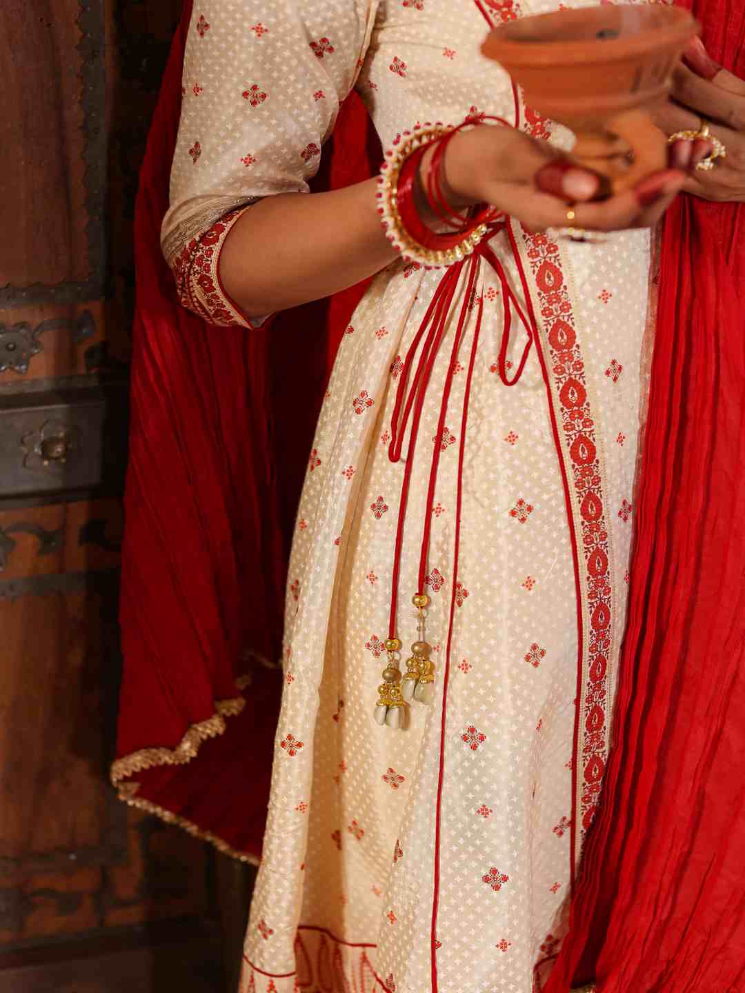 Beige Viscose Shantoon Printed Kurta, Pants & Dupatta Set