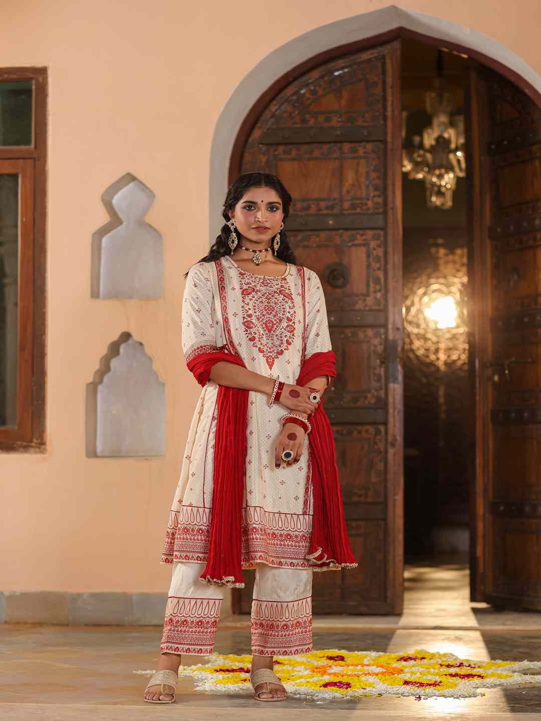 Beige Viscose Shantoon Printed Kurta, Pants & Dupatta Set