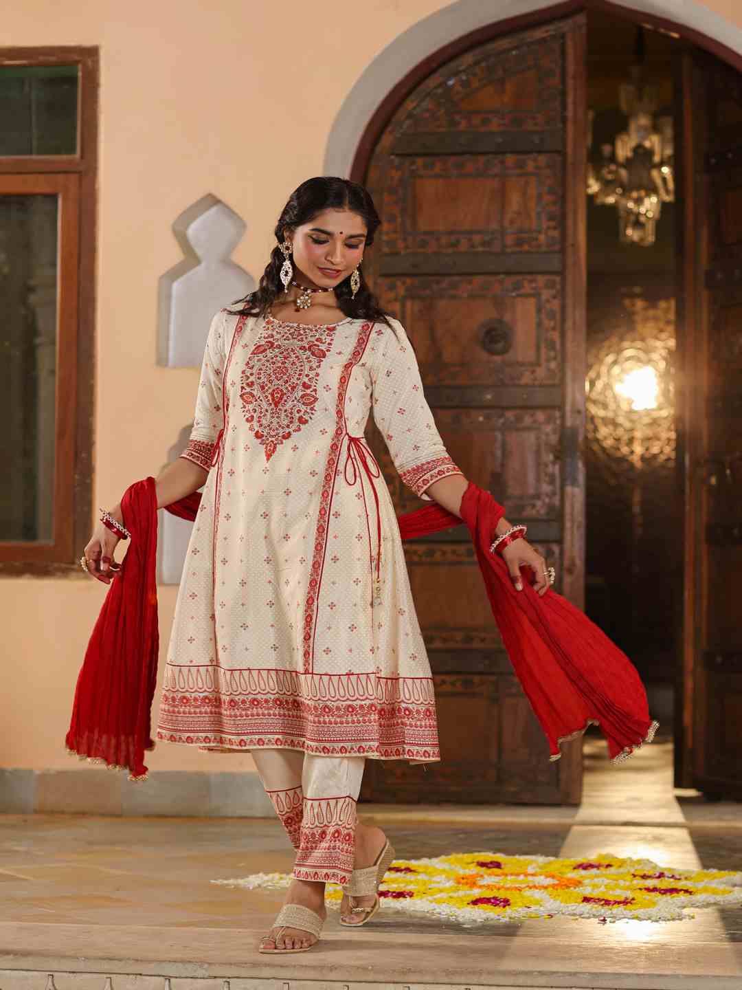 Beige Viscose Shantoon Printed Kurta, Pants & Dupatta Set