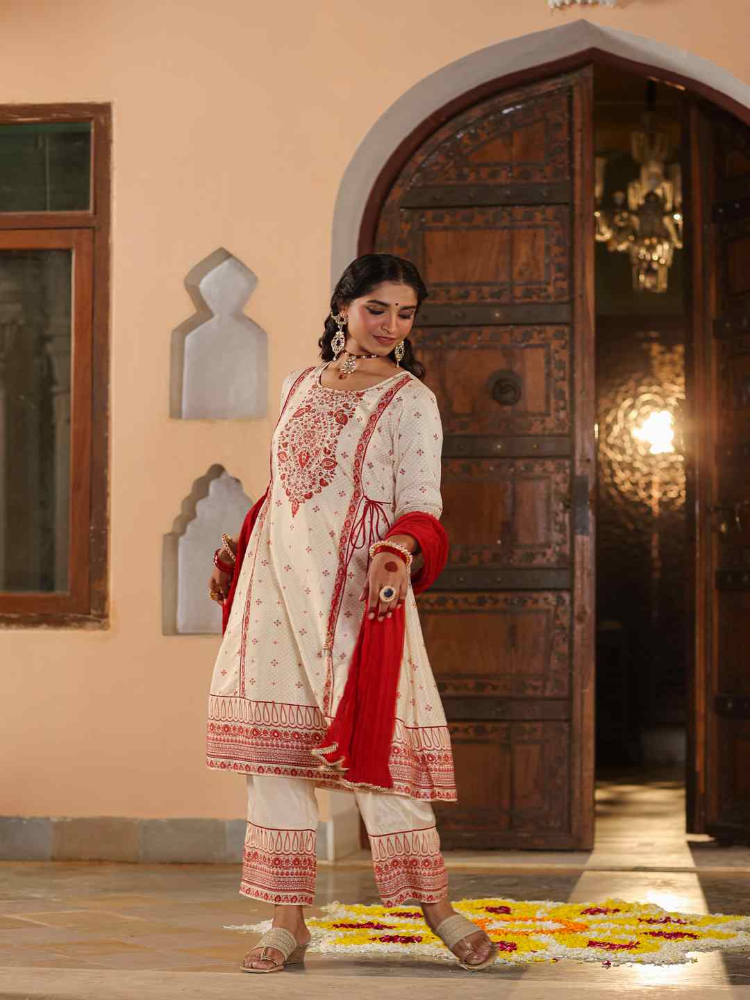 Beige Viscose Shantoon Printed Kurta, Pants & Dupatta Set
