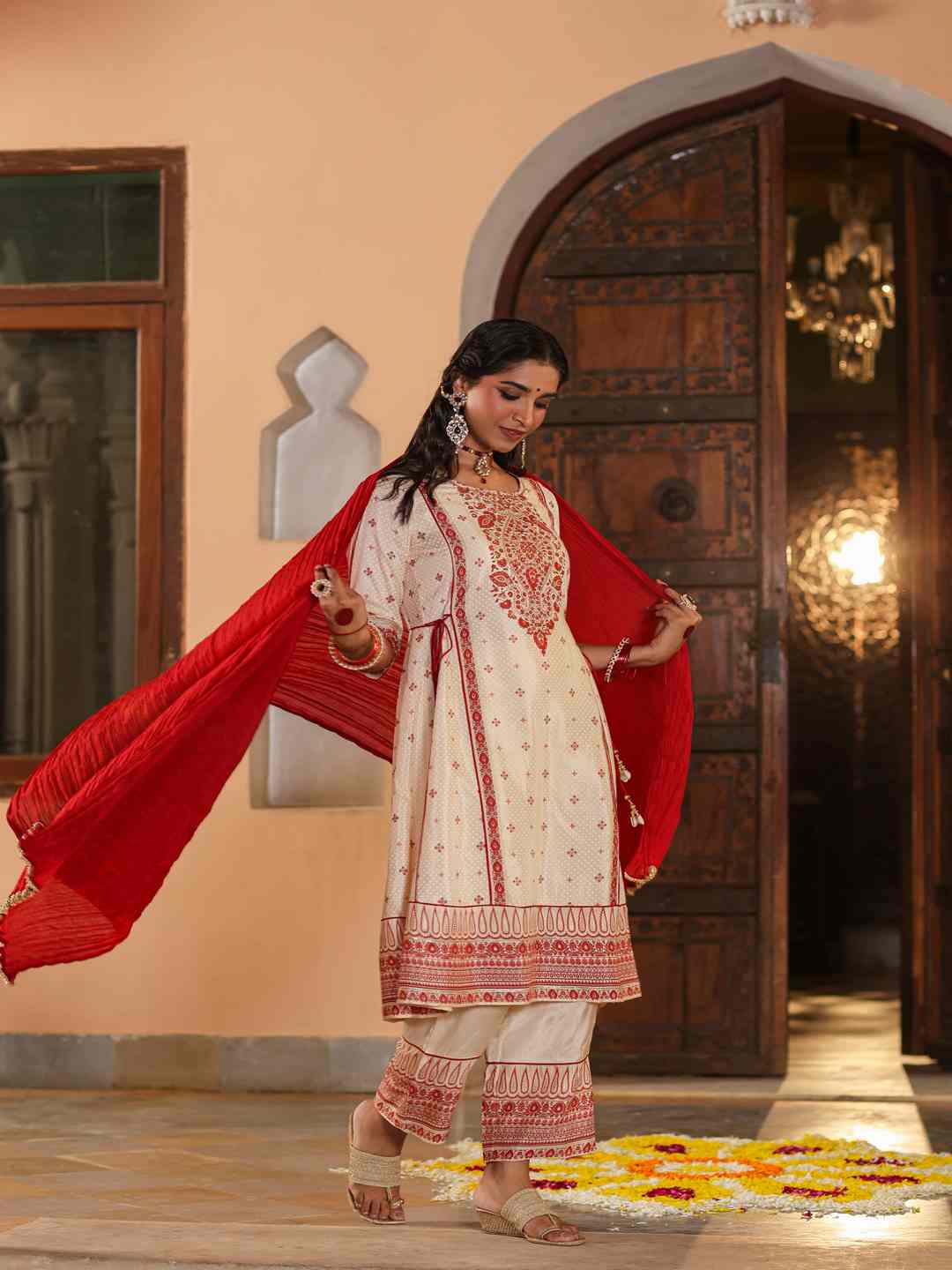 Beige Viscose Shantoon Printed Kurta, Pants & Dupatta Set