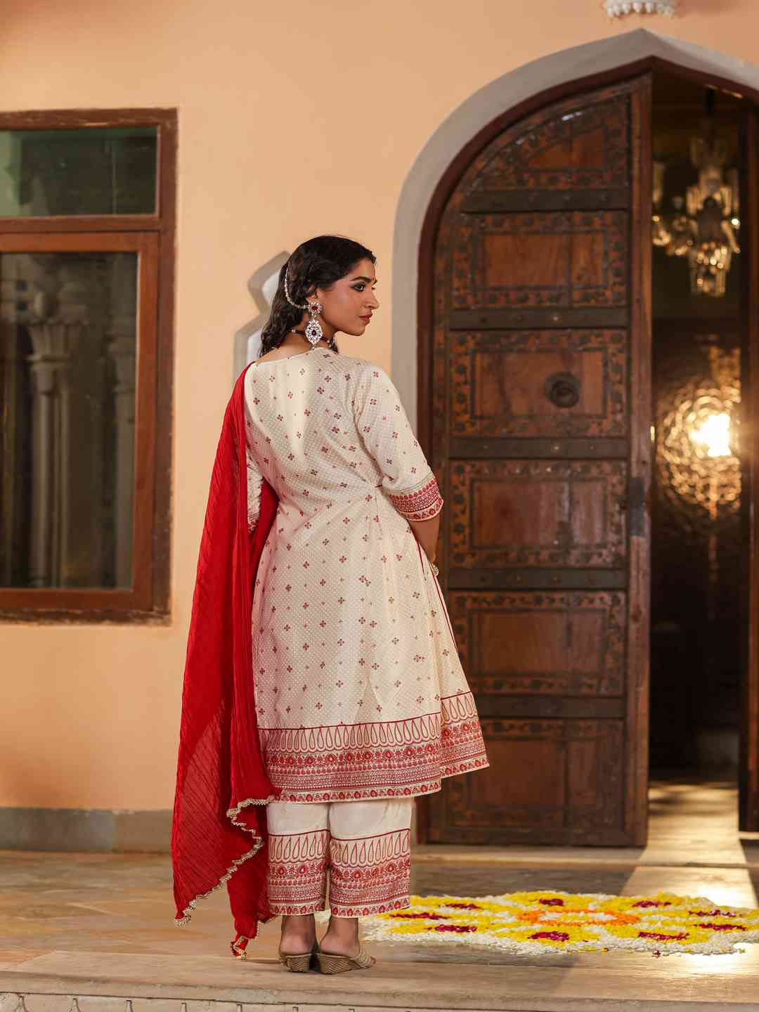 Beige Viscose Shantoon Printed Kurta, Pants & Dupatta Set