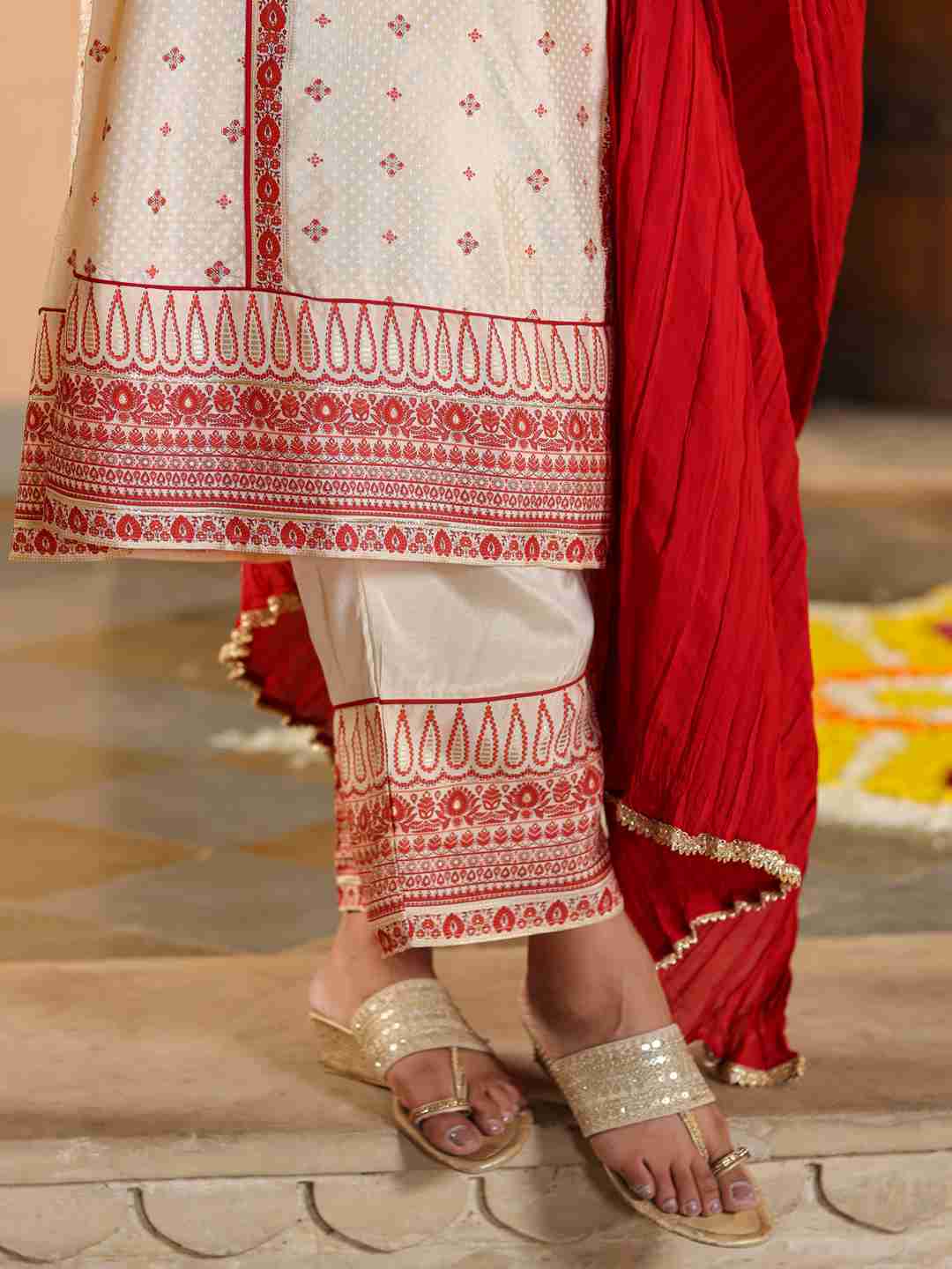 Beige Viscose Shantoon Printed Kurta, Pants & Dupatta Set