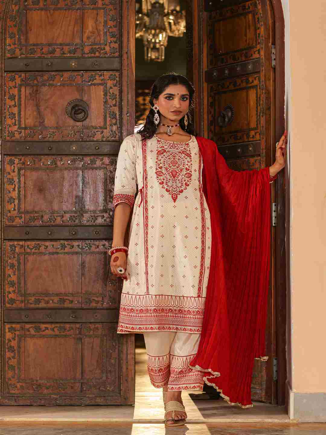 Beige Viscose Shantoon Printed Kurta, Pants & Dupatta Set