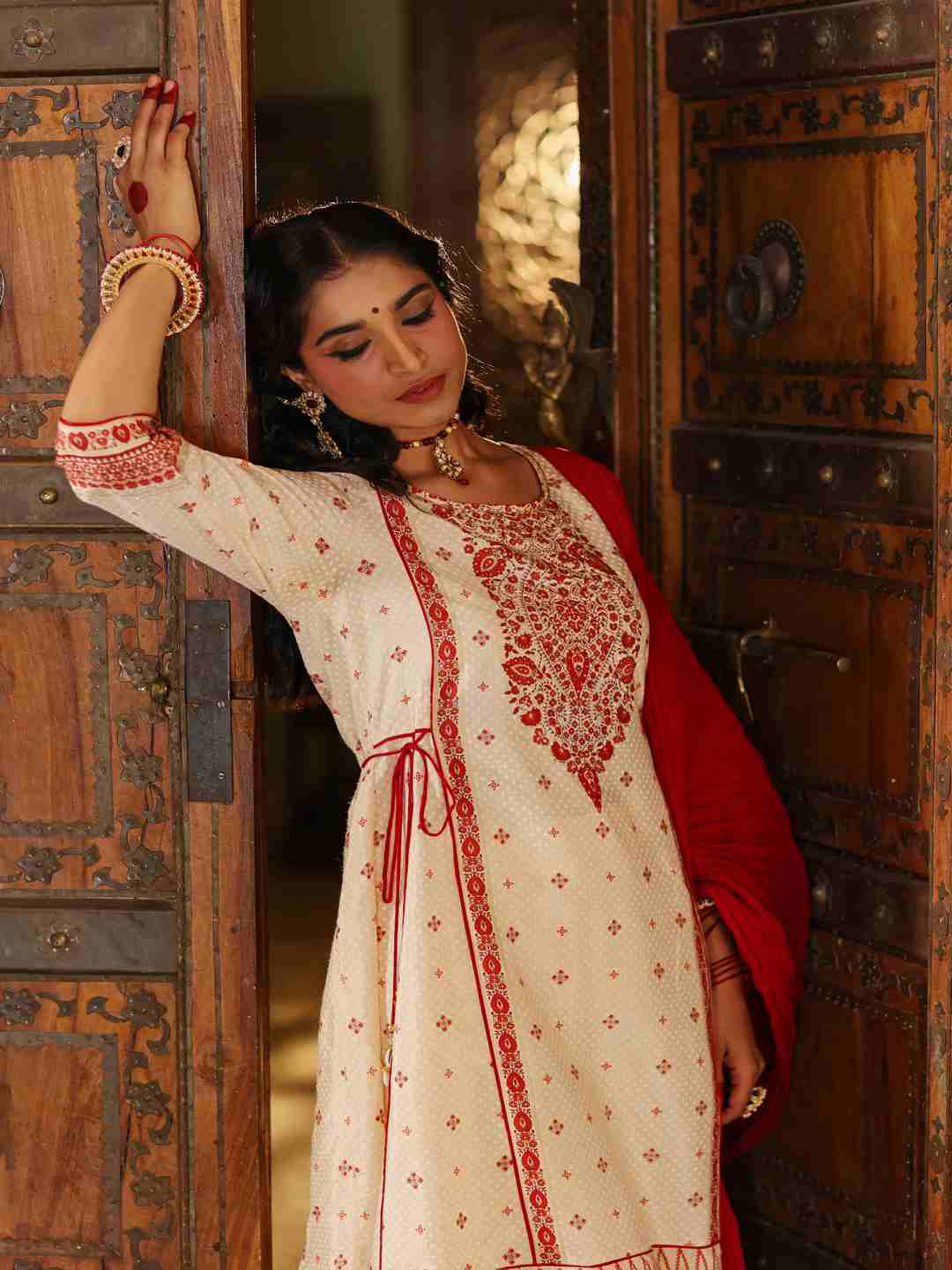 Beige Viscose Shantoon Printed Kurta, Pants & Dupatta Set