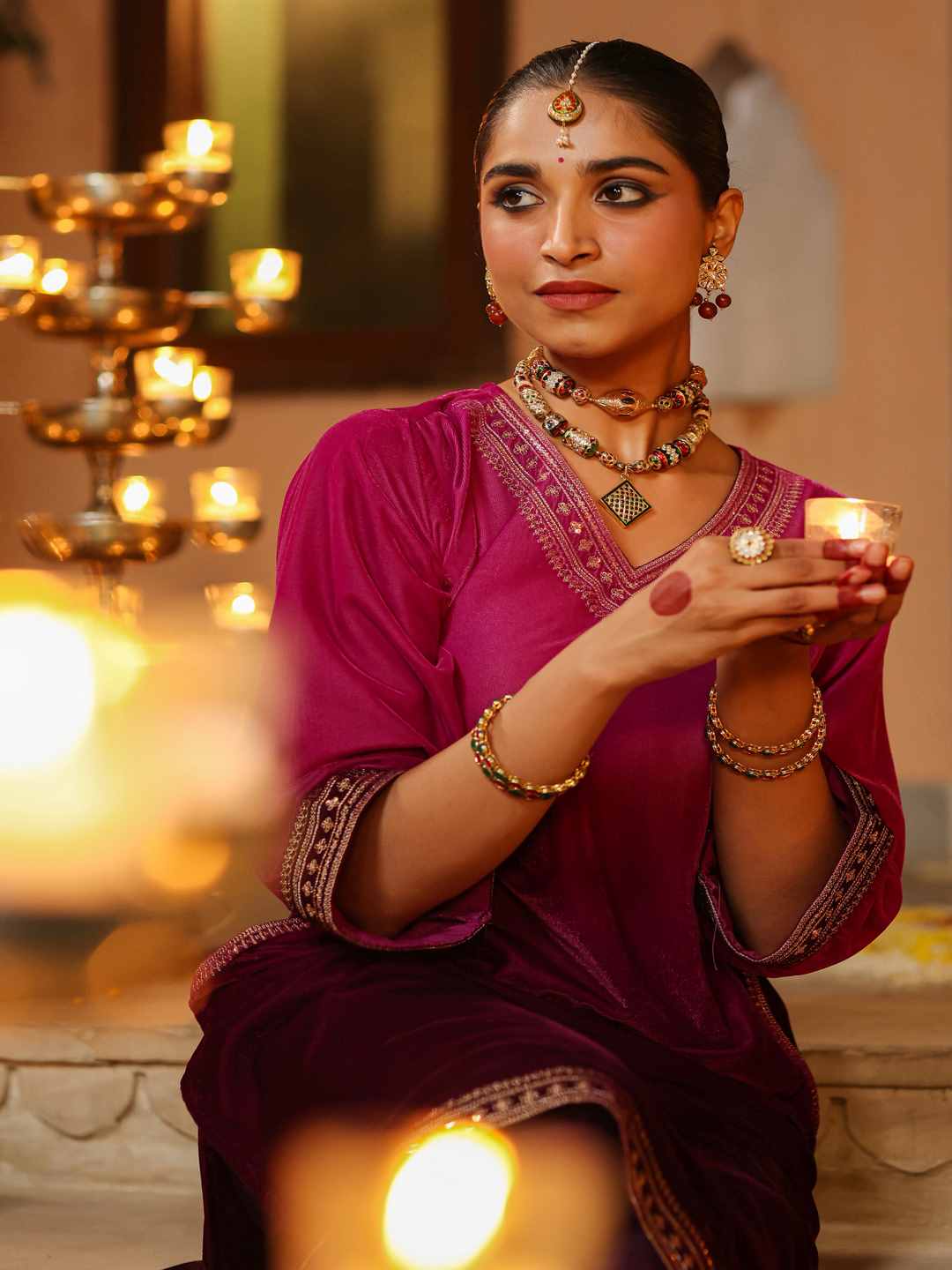 Purple Velvet Embroidered Kurta & Pants Set