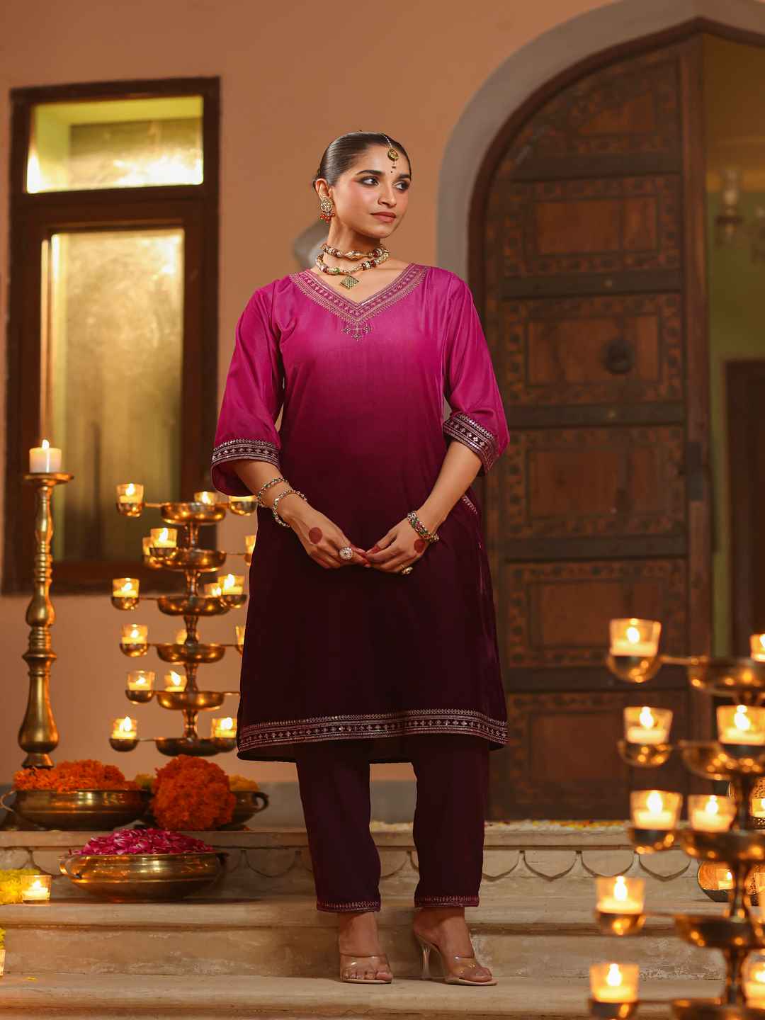 Purple Velvet Embroidered Kurta & Pants Set