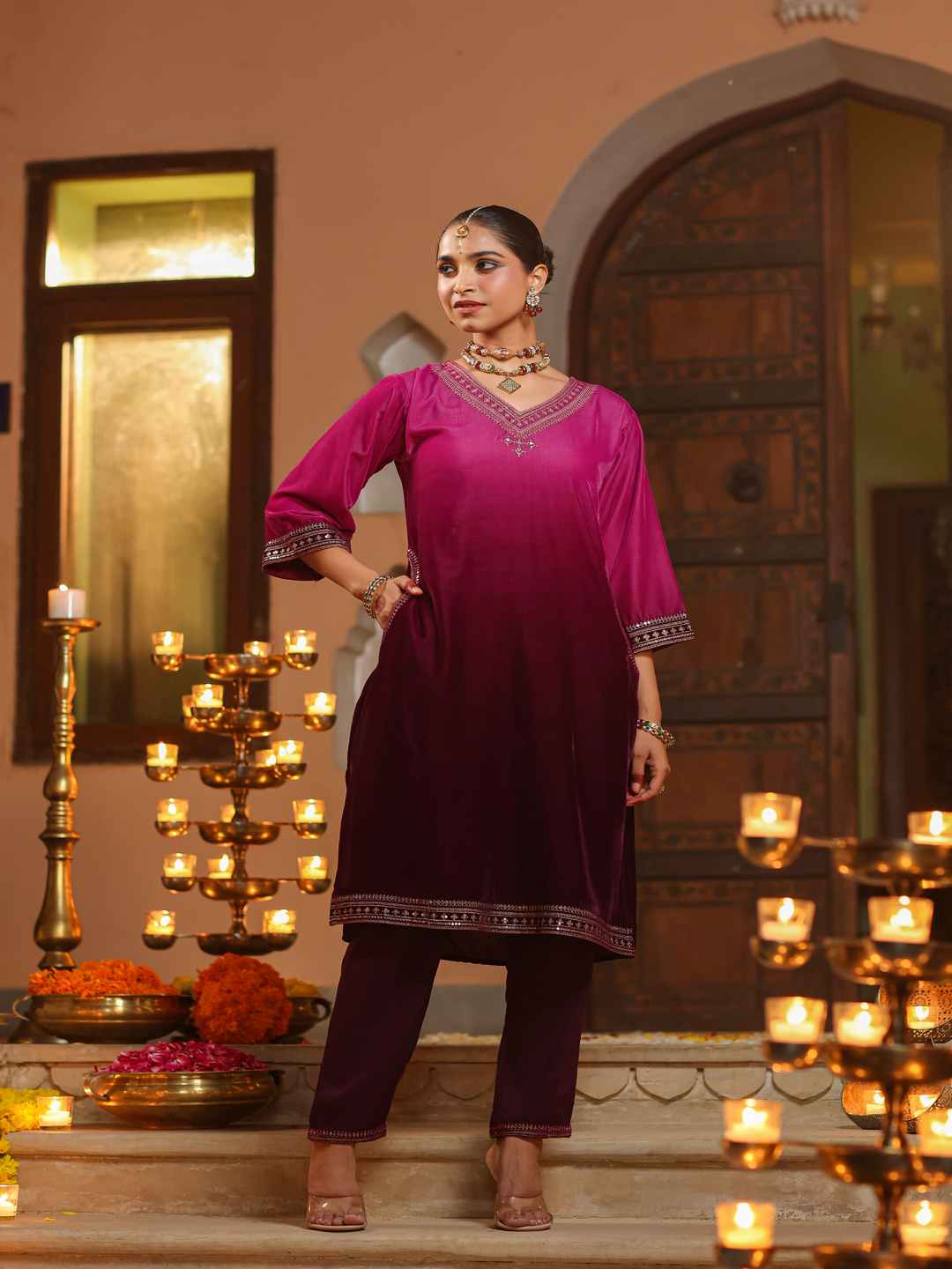 Purple Velvet Embroidered Kurta & Pants Set