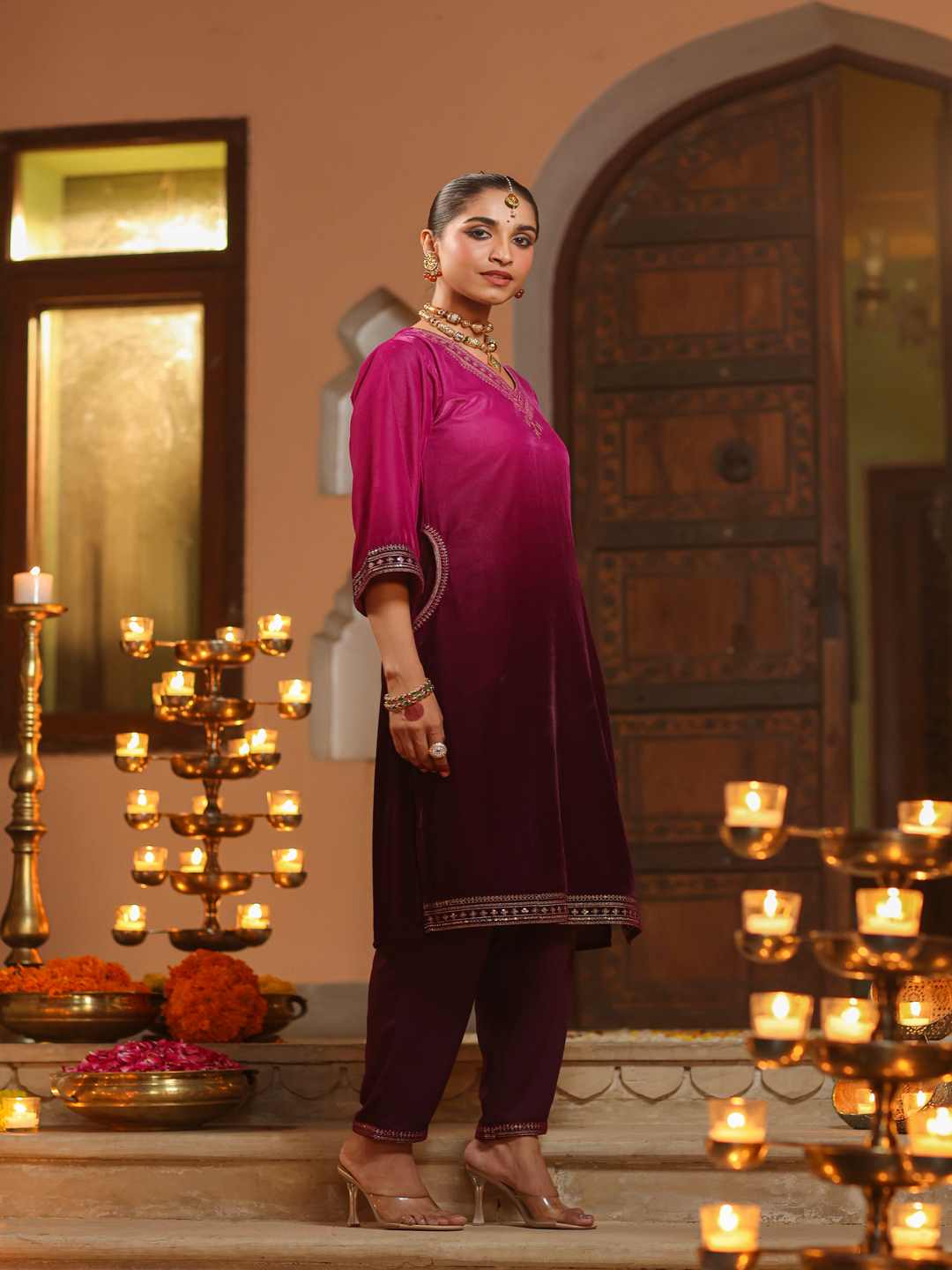 Purple Velvet Embroidered Kurta & Pants Set