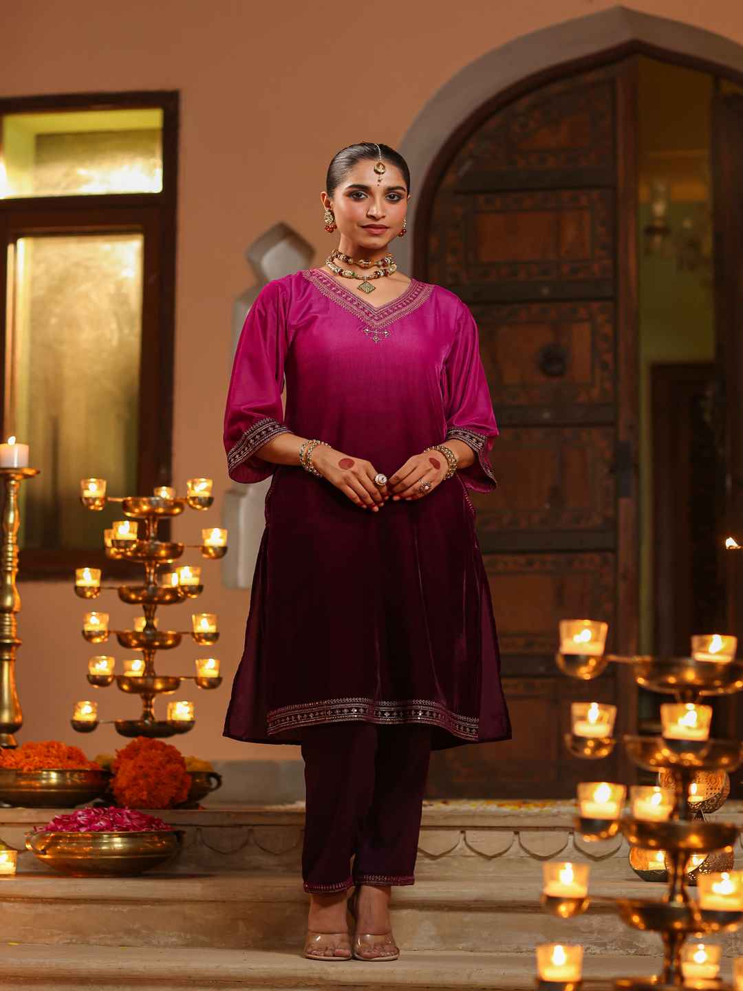 Purple Velvet Embroidered Kurta & Pants Set