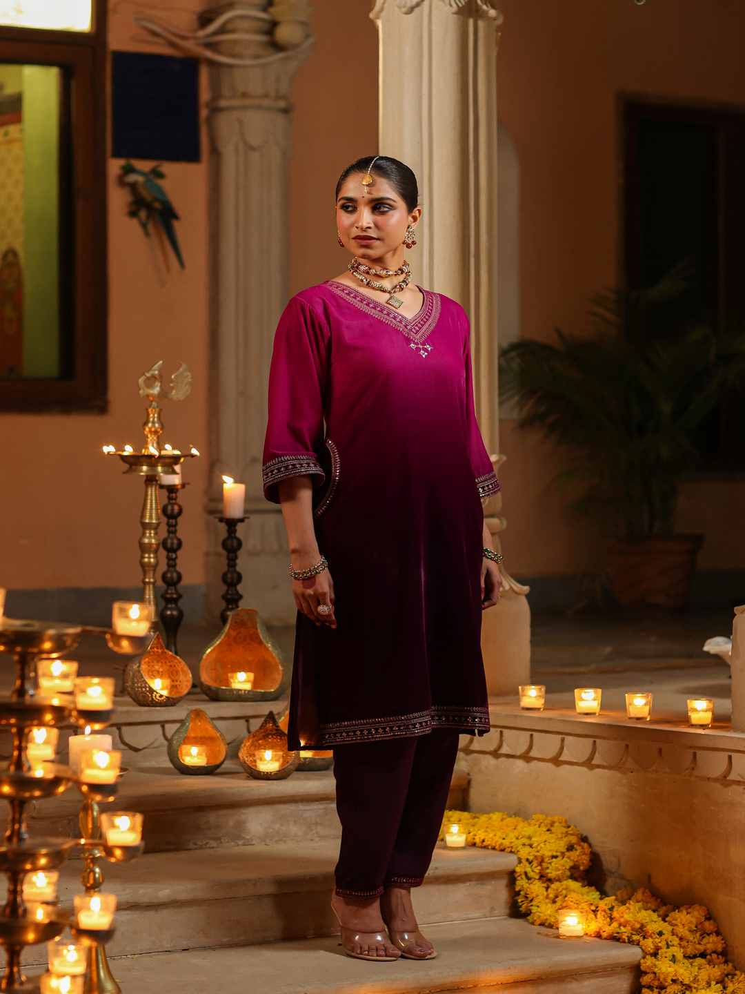 Purple Velvet Embroidered Kurta & Pants Set
