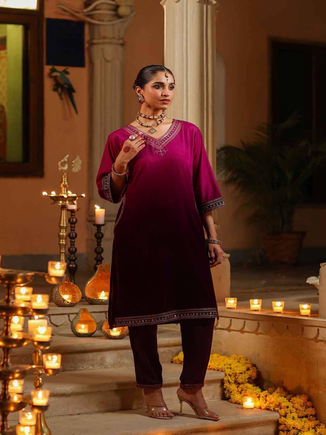 Purple Velvet Embroidered Kurta & Pants Set
