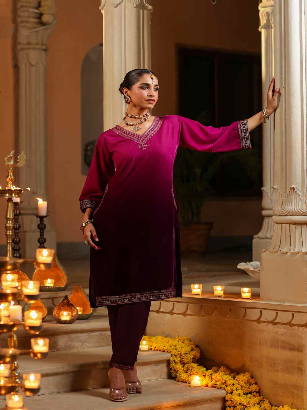 Purple Velvet Embroidered Kurta & Pants Set