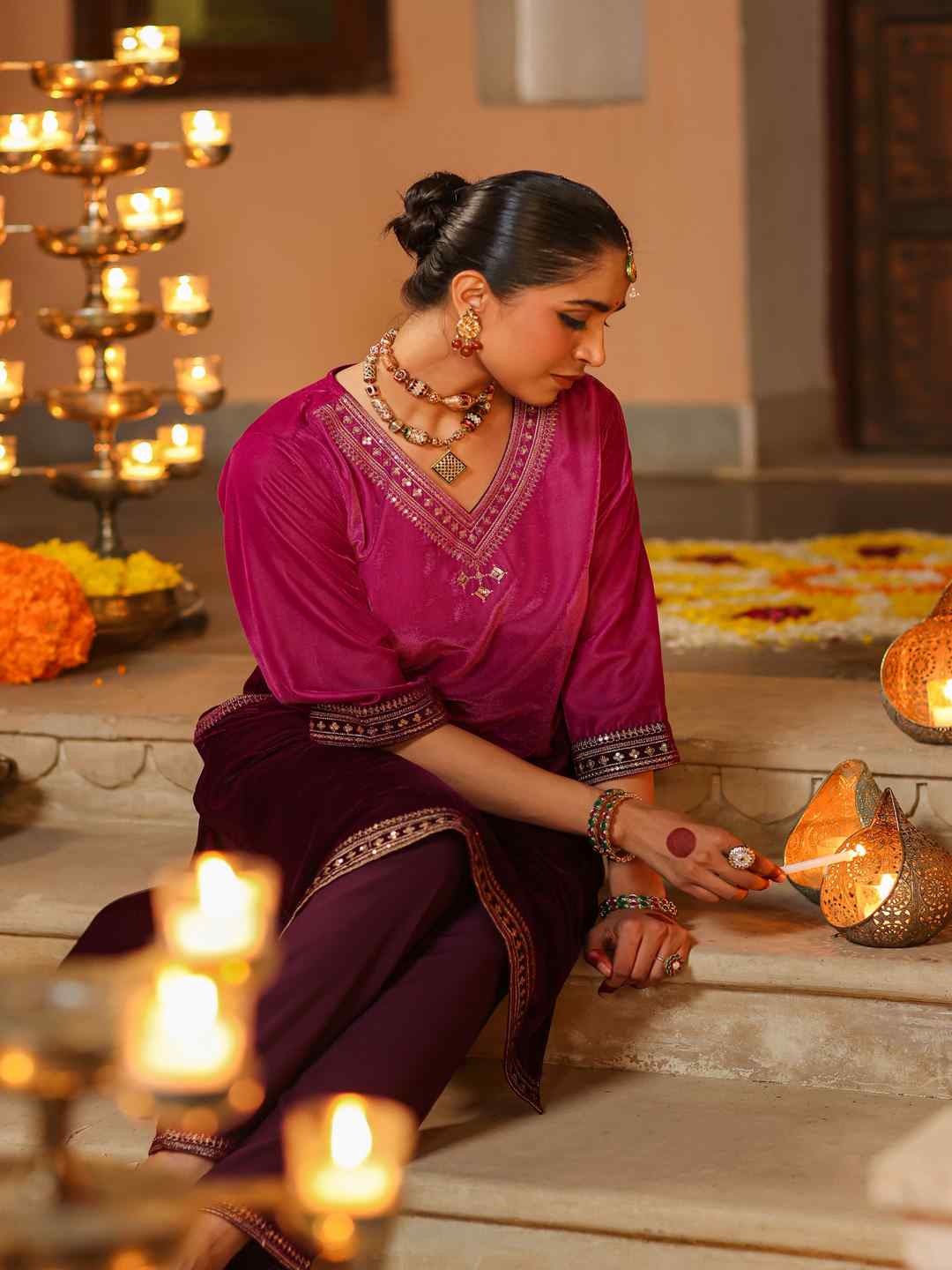 Purple Velvet Embroidered Kurta & Pants Set