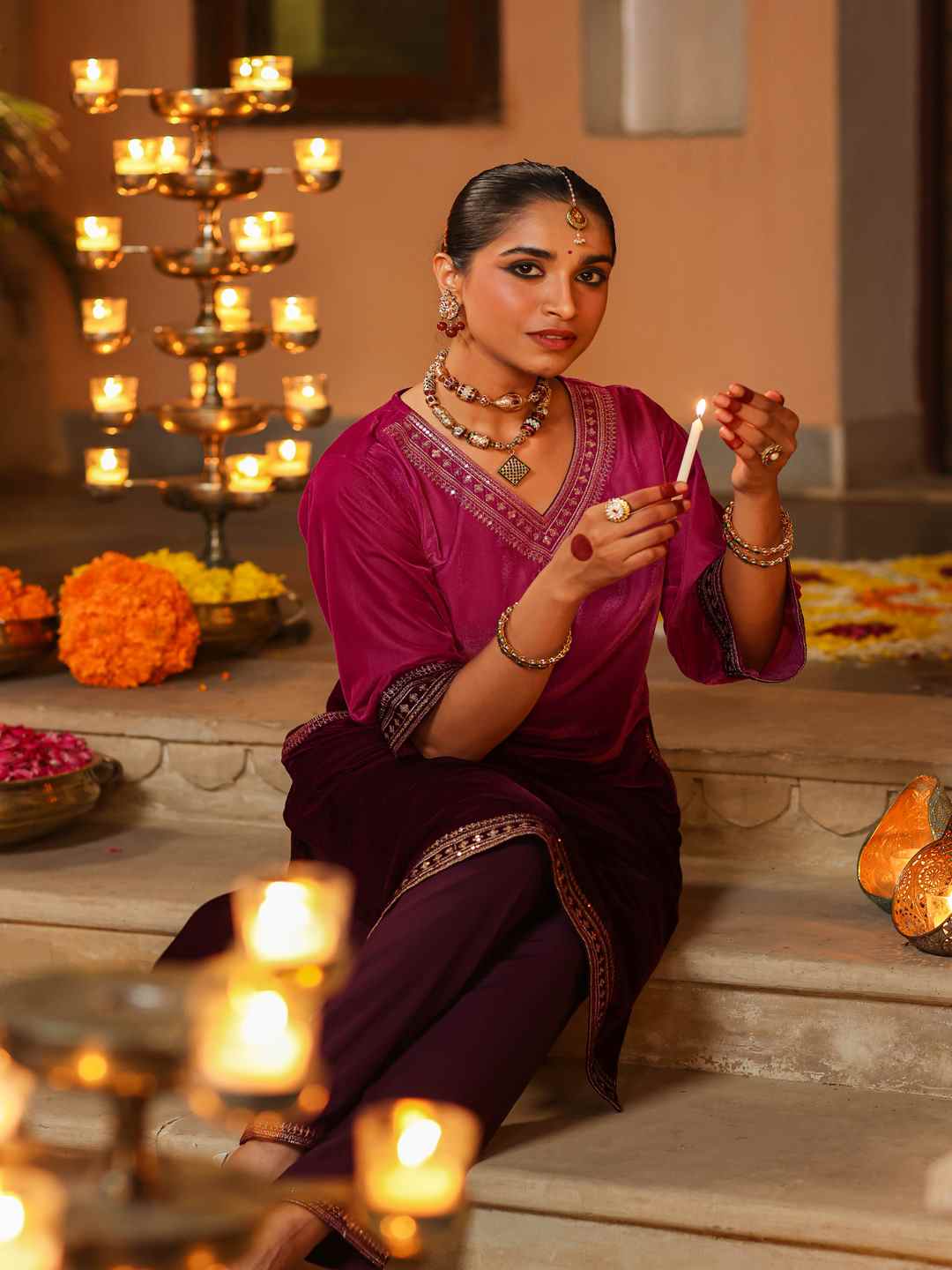 Purple Velvet Embroidered Kurta & Pants Set