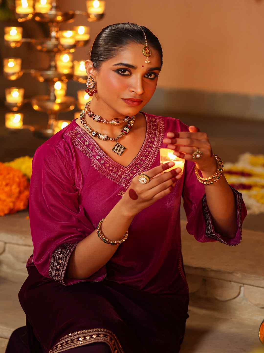 Purple Velvet Embroidered Kurta & Pants Set