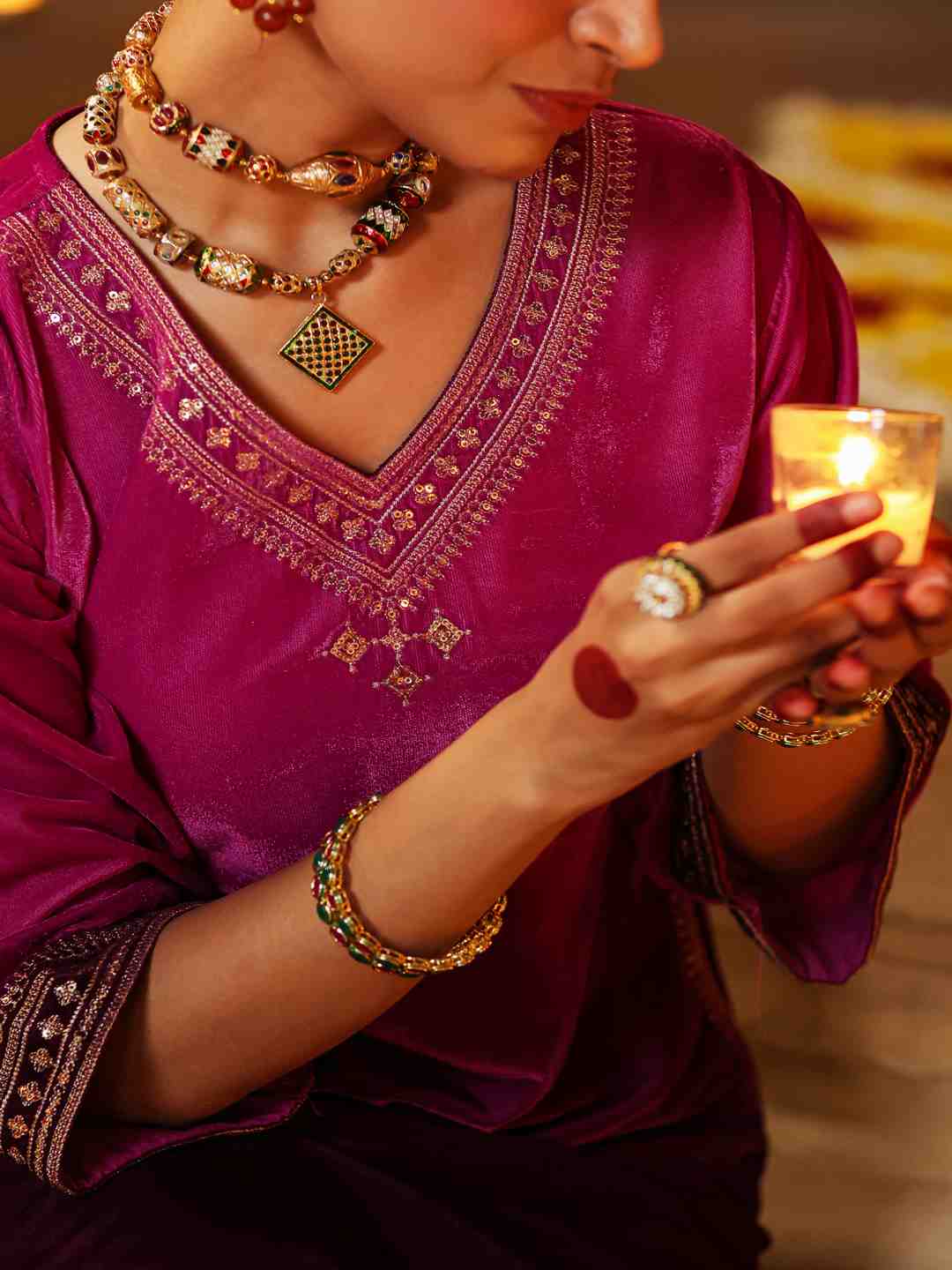 Purple Velvet Embroidered Kurta & Pants Set