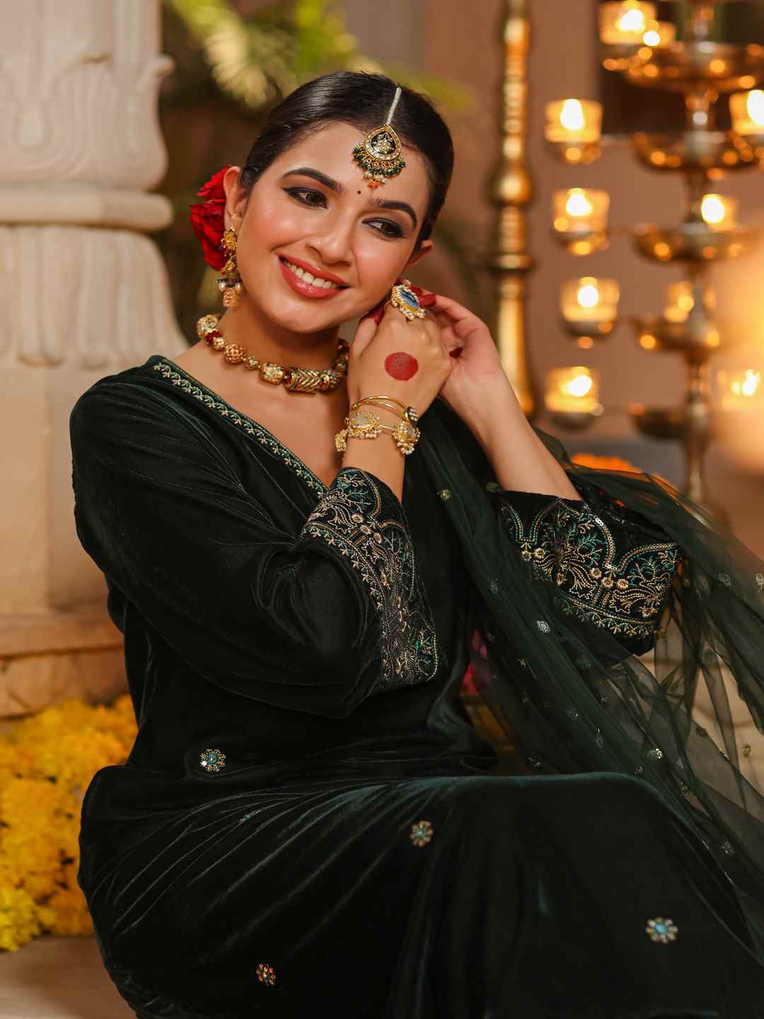 Bottle Green Velvet Embroidered Kurta, Pants & Dupatta Set