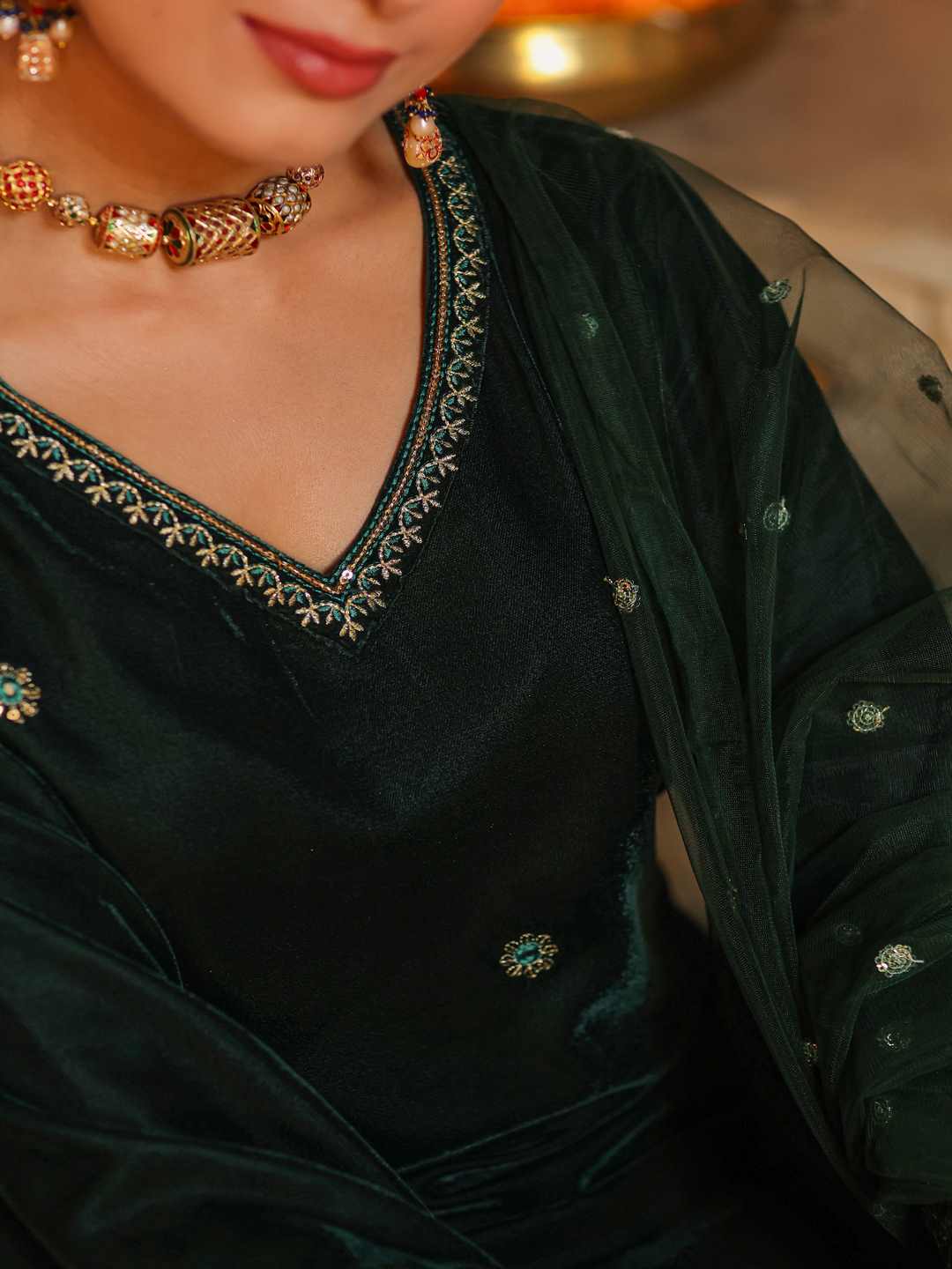 Bottle Green Velvet Embroidered Kurta, Pants & Dupatta Set
