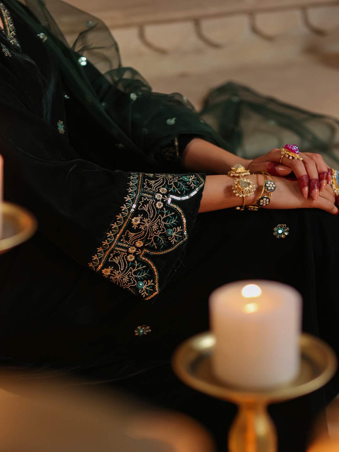 Bottle Green Velvet Embroidered Kurta, Pants & Dupatta Set