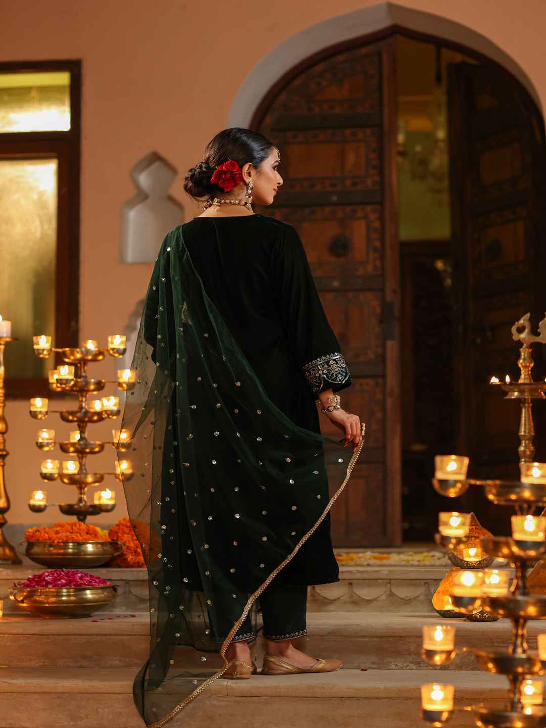 Bottle Green Velvet Embroidered Kurta, Pants & Dupatta Set