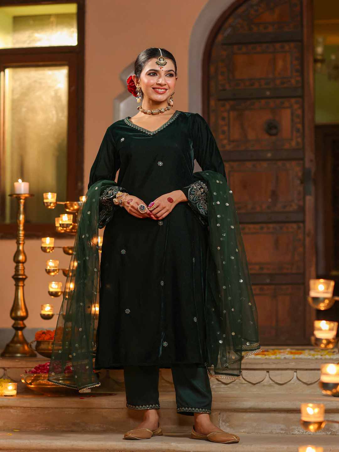 Bottle Green Velvet Embroidered Kurta, Pants & Dupatta Set