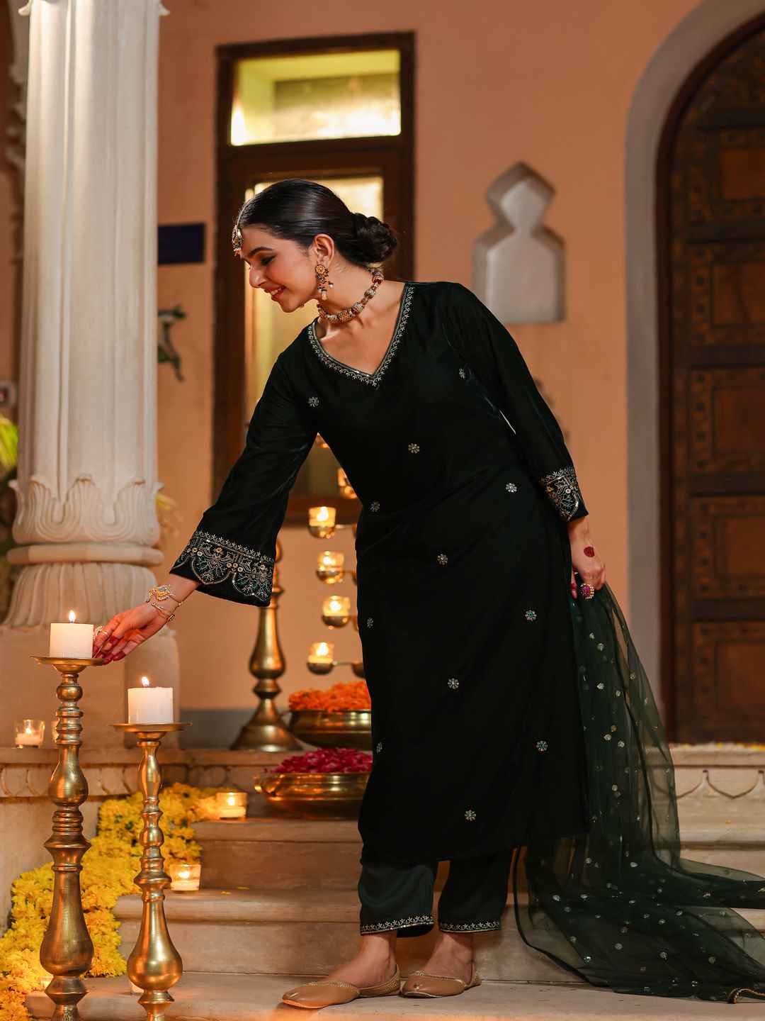 Bottle Green Velvet Embroidered Kurta, Pants & Dupatta Set