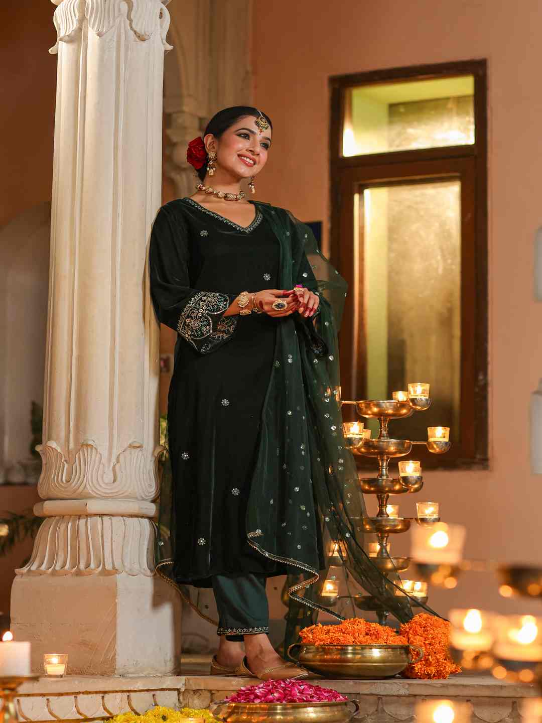 Bottle Green Velvet Embroidered Kurta, Pants & Dupatta Set