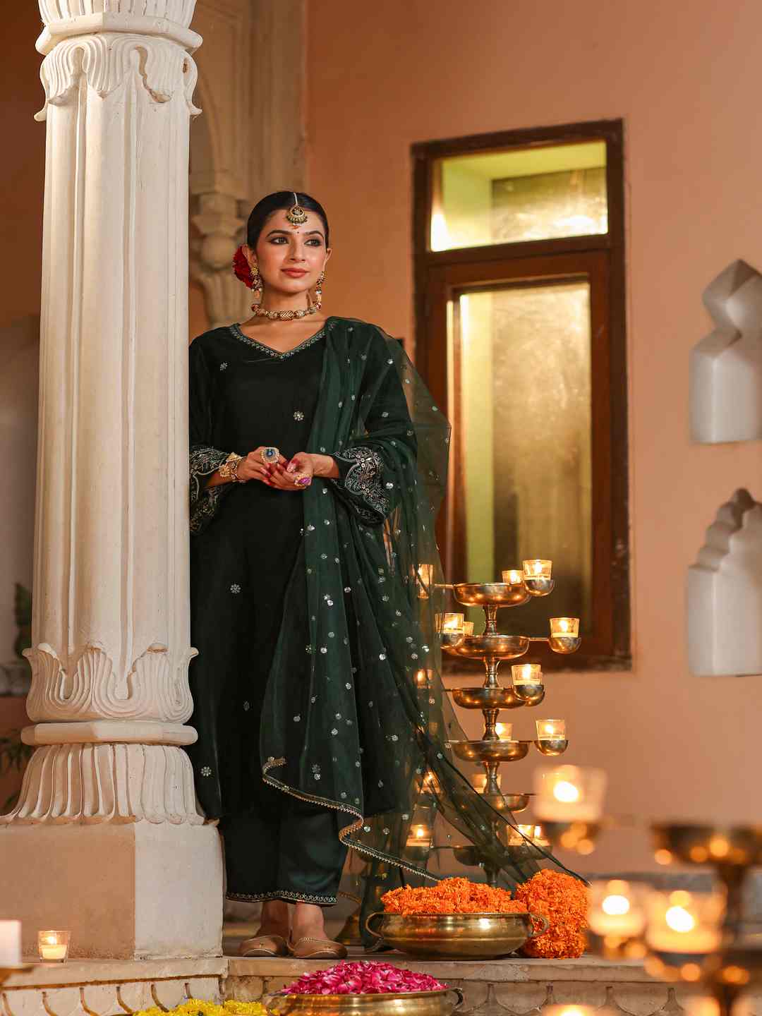 Bottle Green Velvet Embroidered Kurta, Pants & Dupatta Set