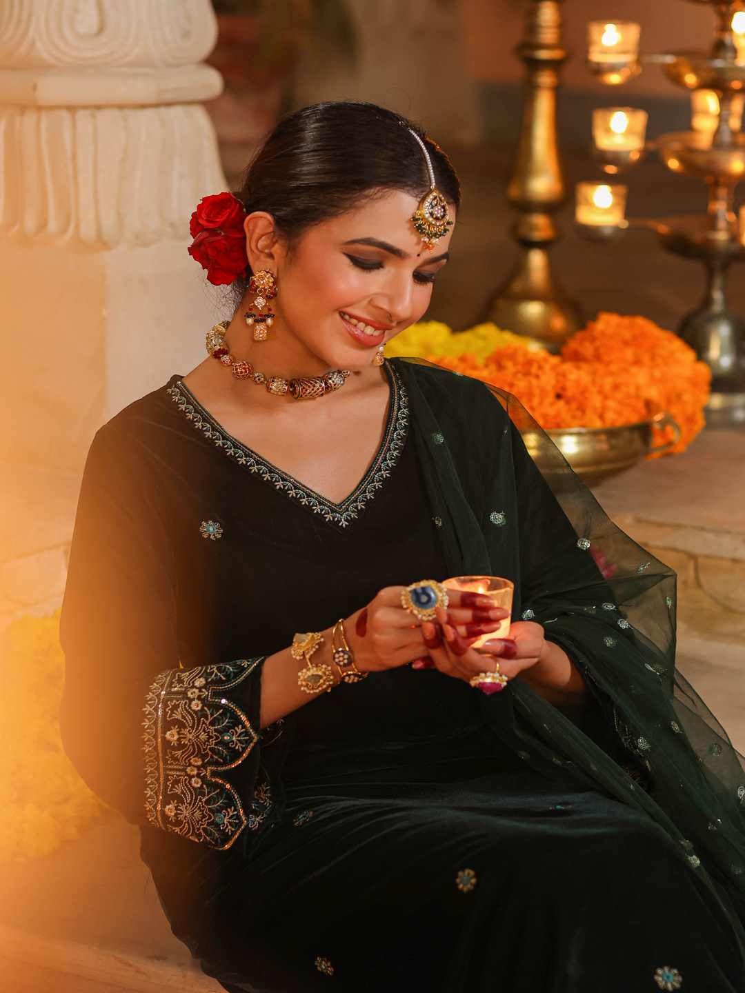 Bottle Green Velvet Embroidered Kurta, Pants & Dupatta Set