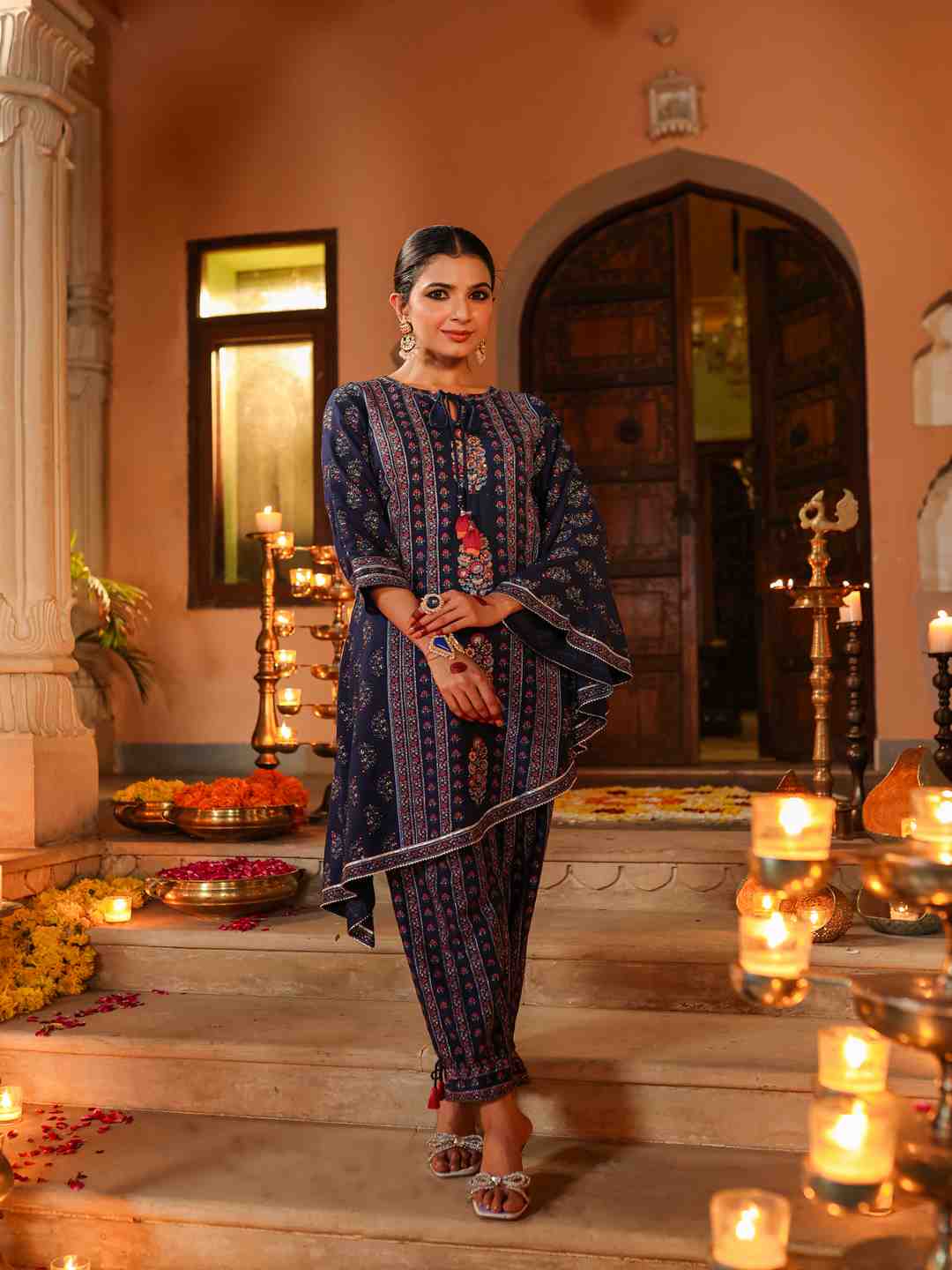 Navy Blue Rayon Printed Kurta Pant Set