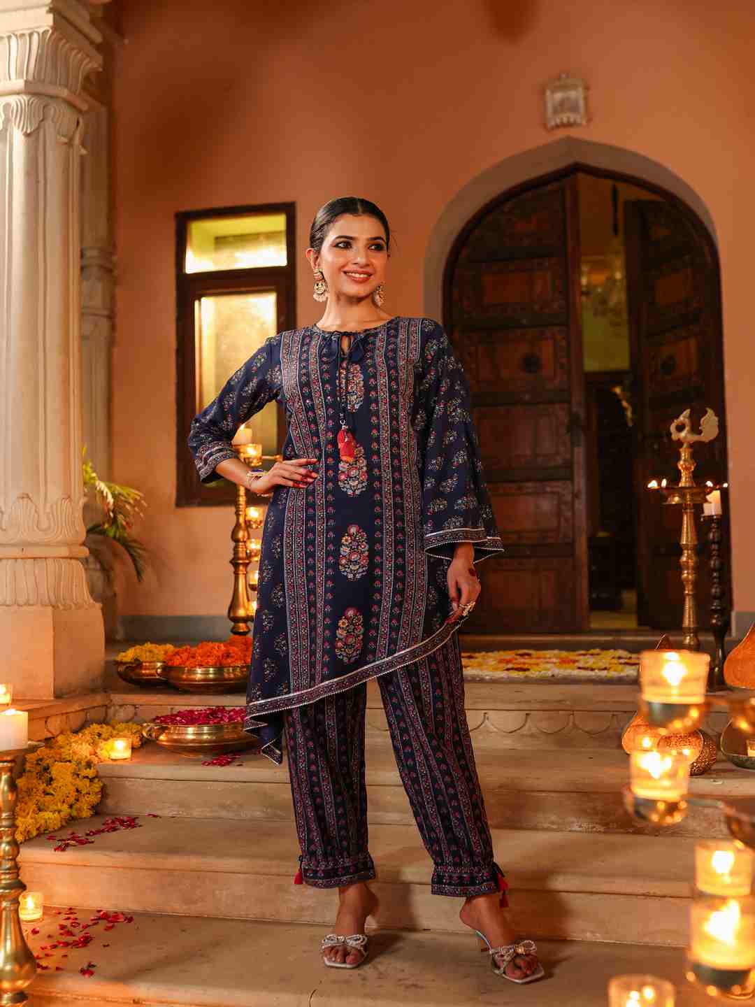 Navy Blue Rayon Printed Kurta Pant Set