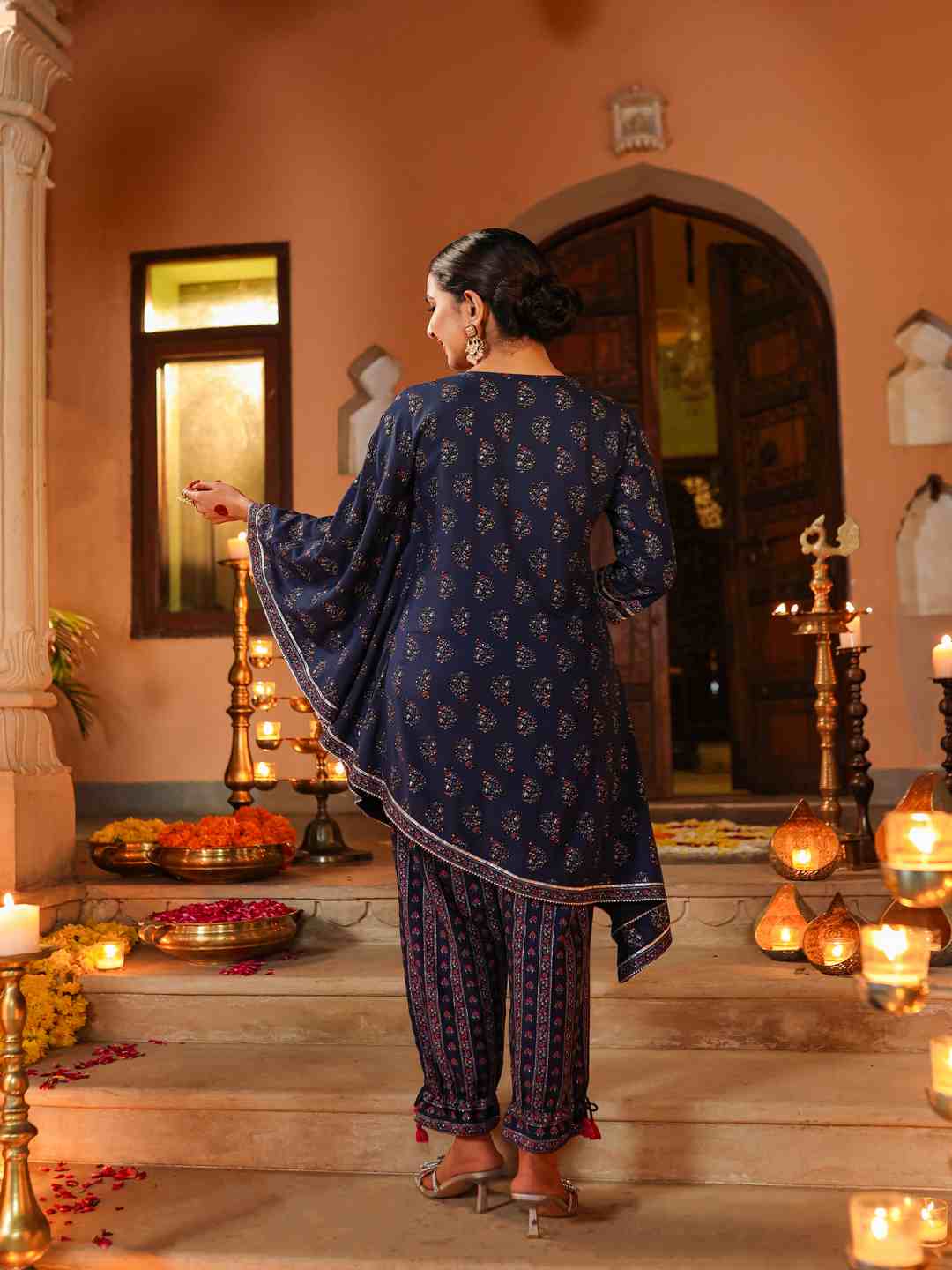 Navy Blue Rayon Printed Kurta Pant Set