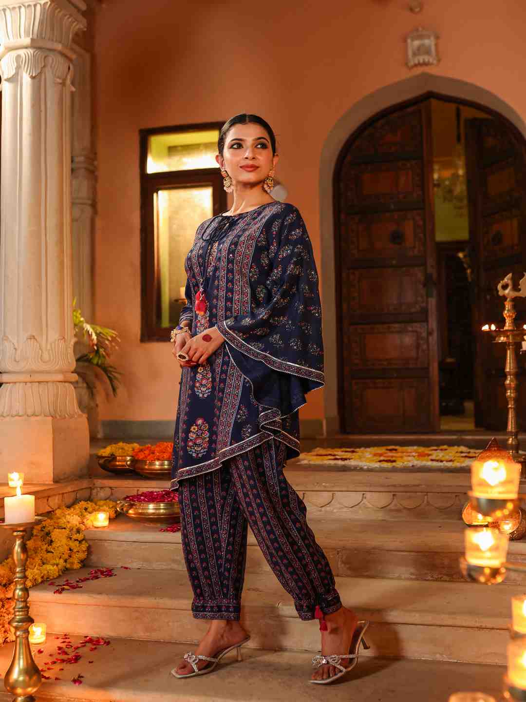 Navy Blue Rayon Printed Kurta Pant Set
