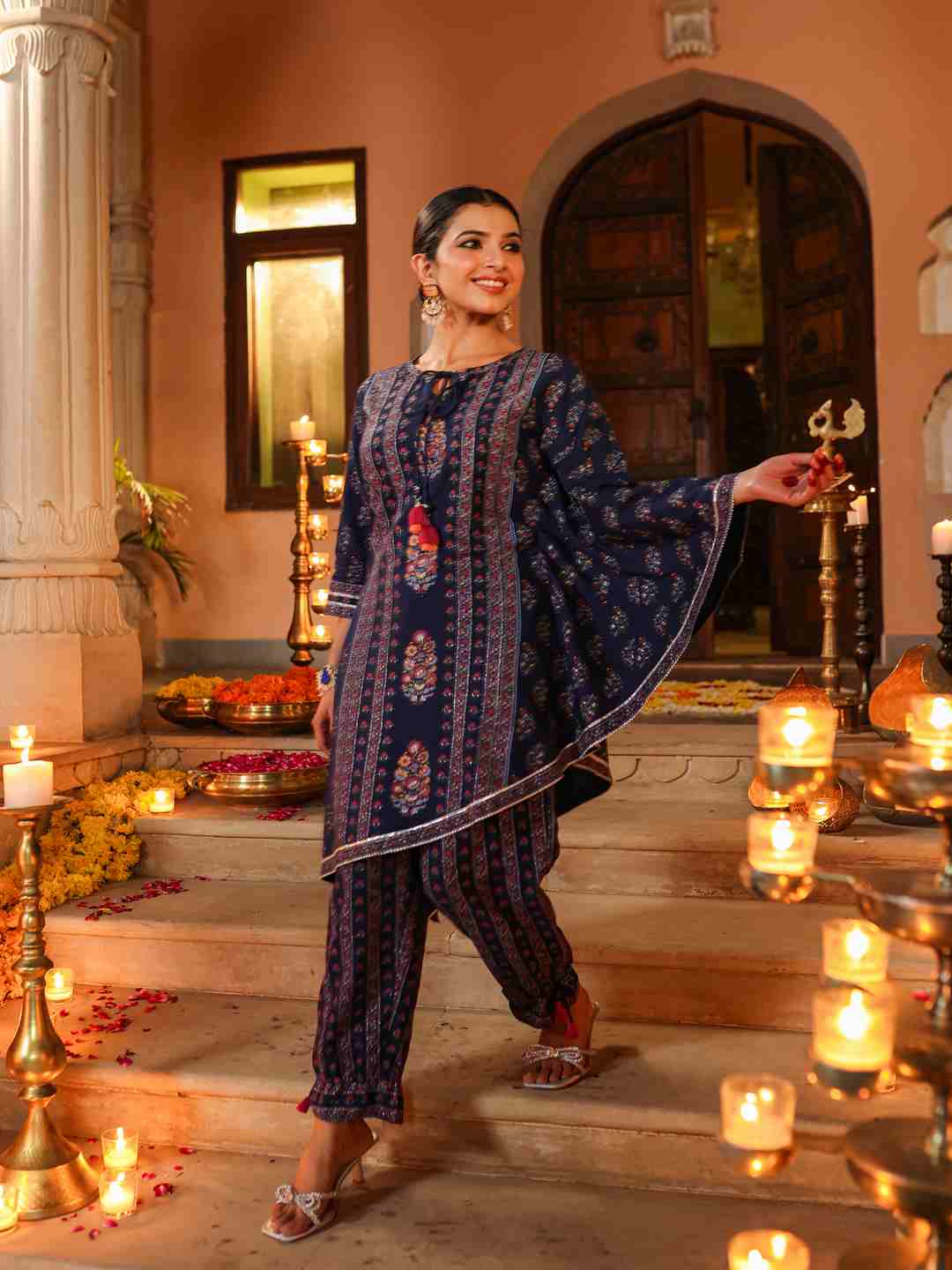Navy Blue Rayon Printed Kurta Pant Set