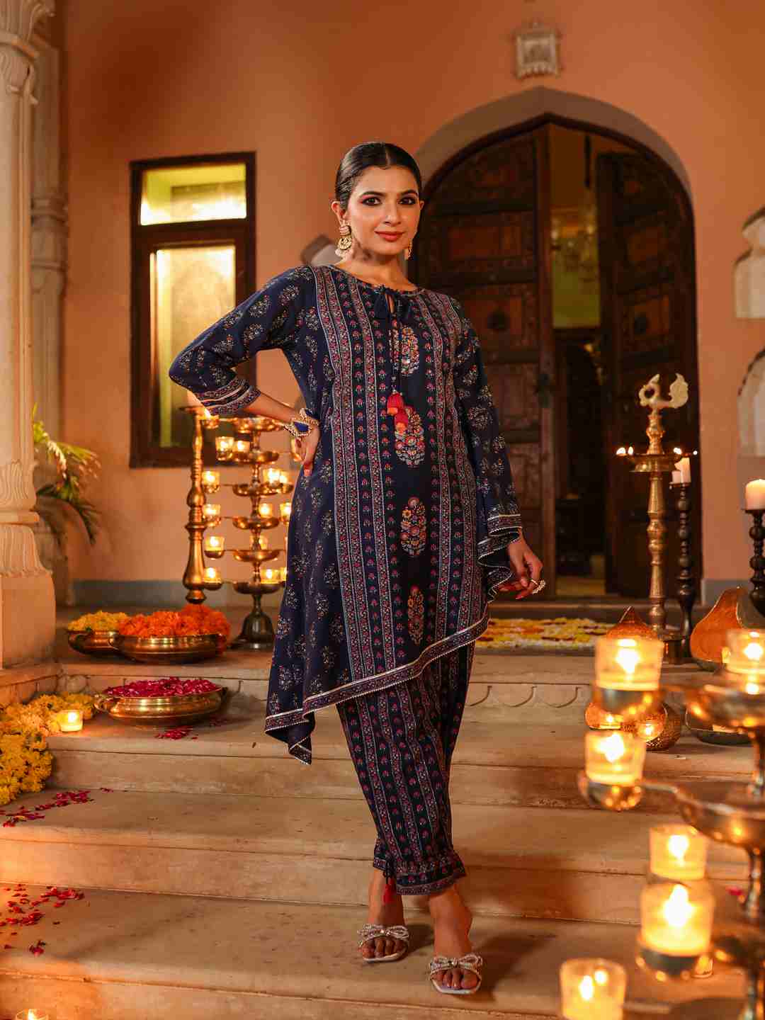 Navy Blue Rayon Printed Kurta Pant Set