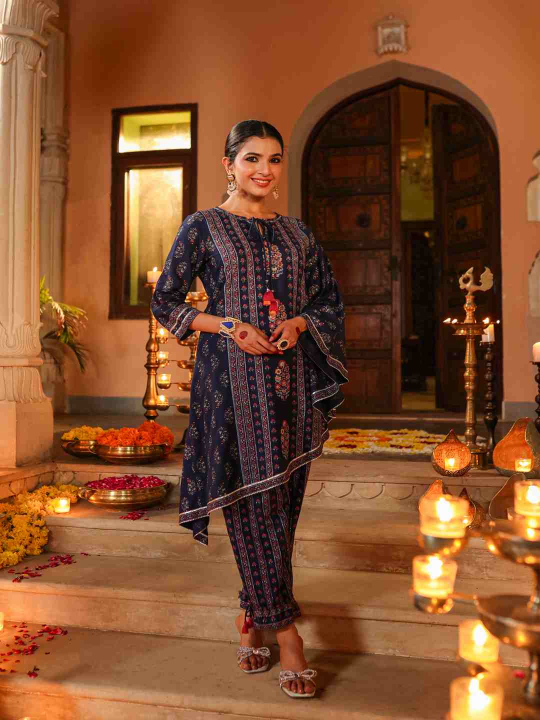 Navy Blue Rayon Printed Kurta Pant Set