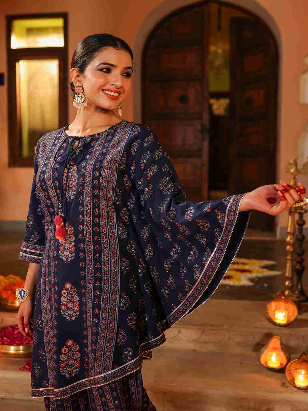 Navy Blue Rayon Printed Kurta Pant Set