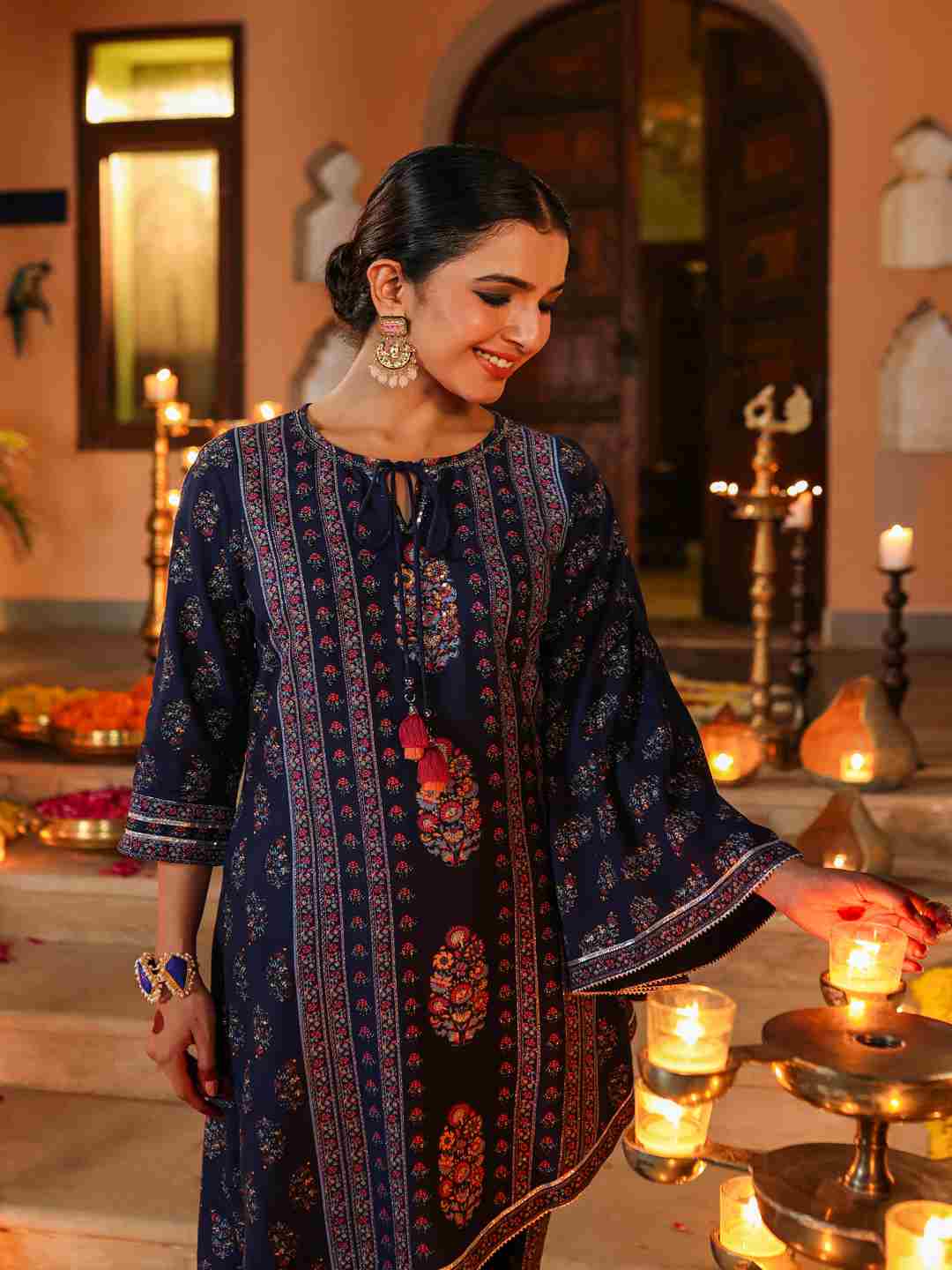 Navy Blue Rayon Printed Kurta Pant Set