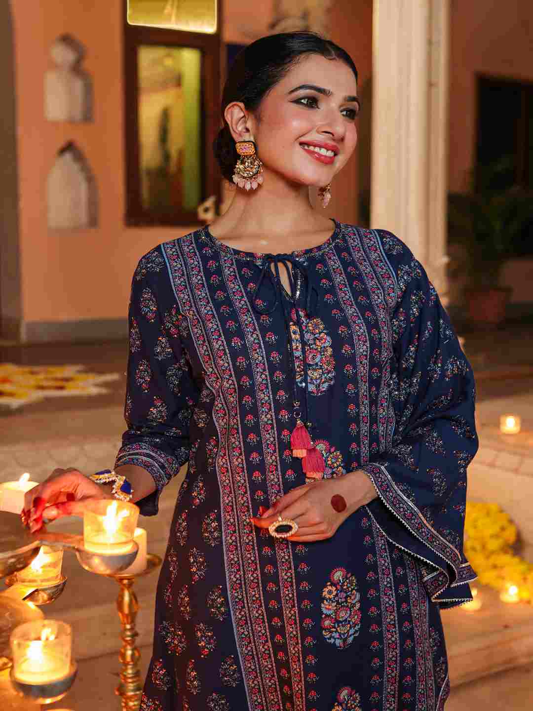 Navy Blue Rayon Printed Kurta Pant Set