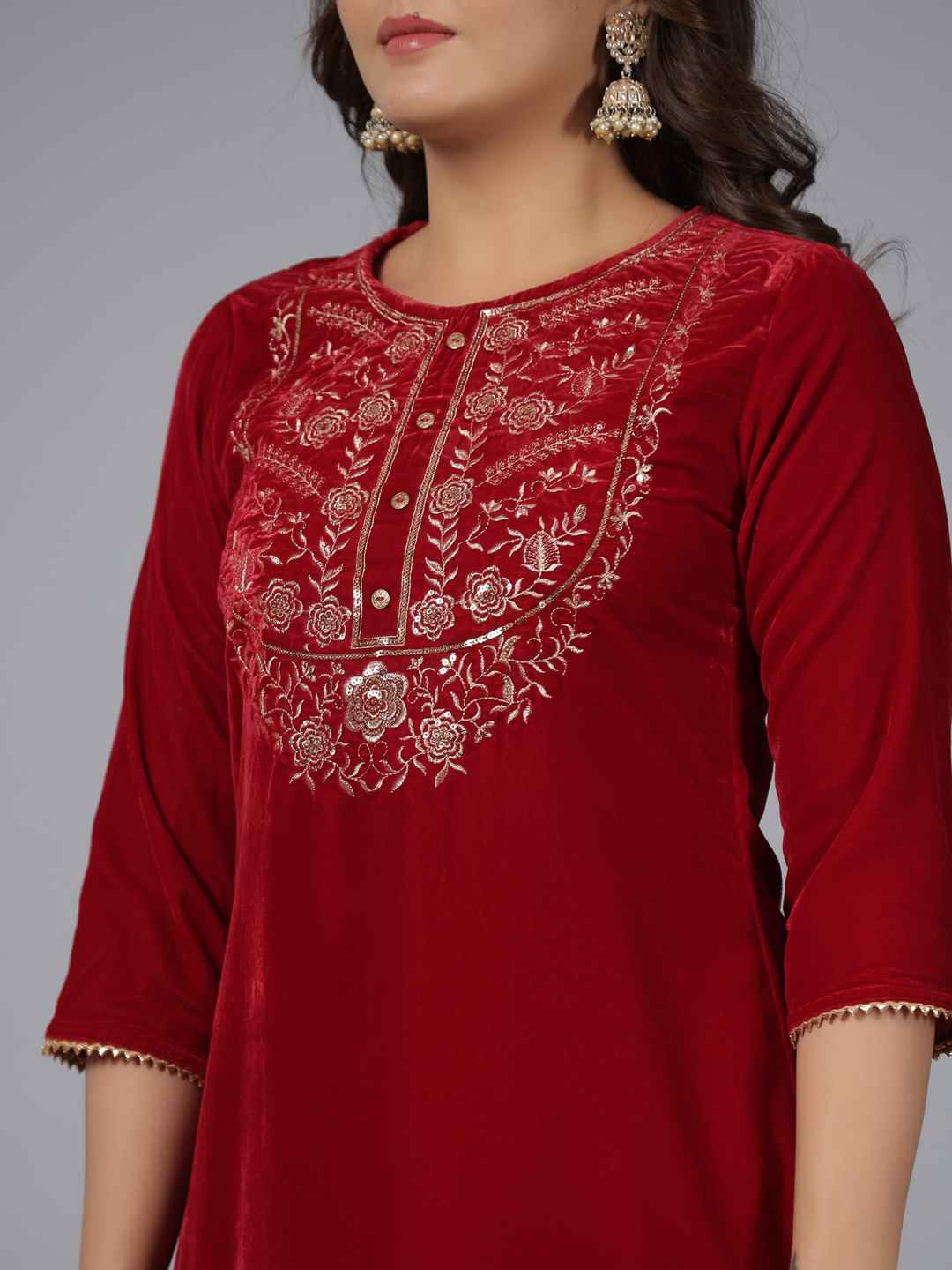 Maroon Velvet Embroidered Kurta & Pants Set with Zari & Sequences