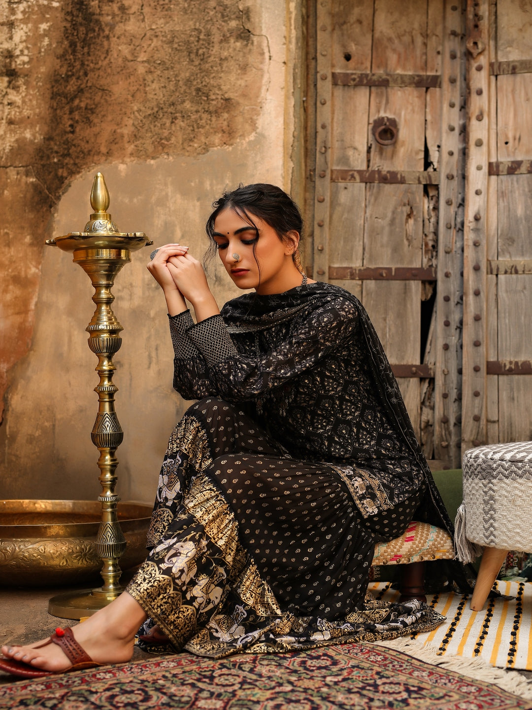 Black Ethnic Motif Printed Georgette Kurta Sharara & Dupatta Set.