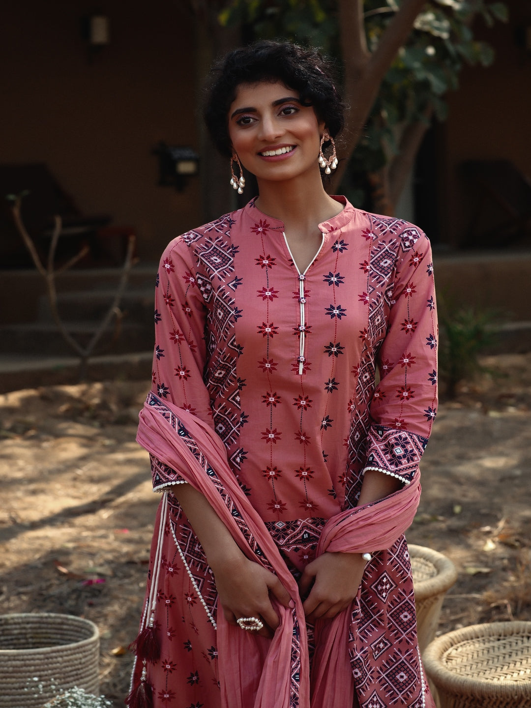 Peach Geometric Printed Pure Cotton Kurta & Palazzo Set With Lace Work