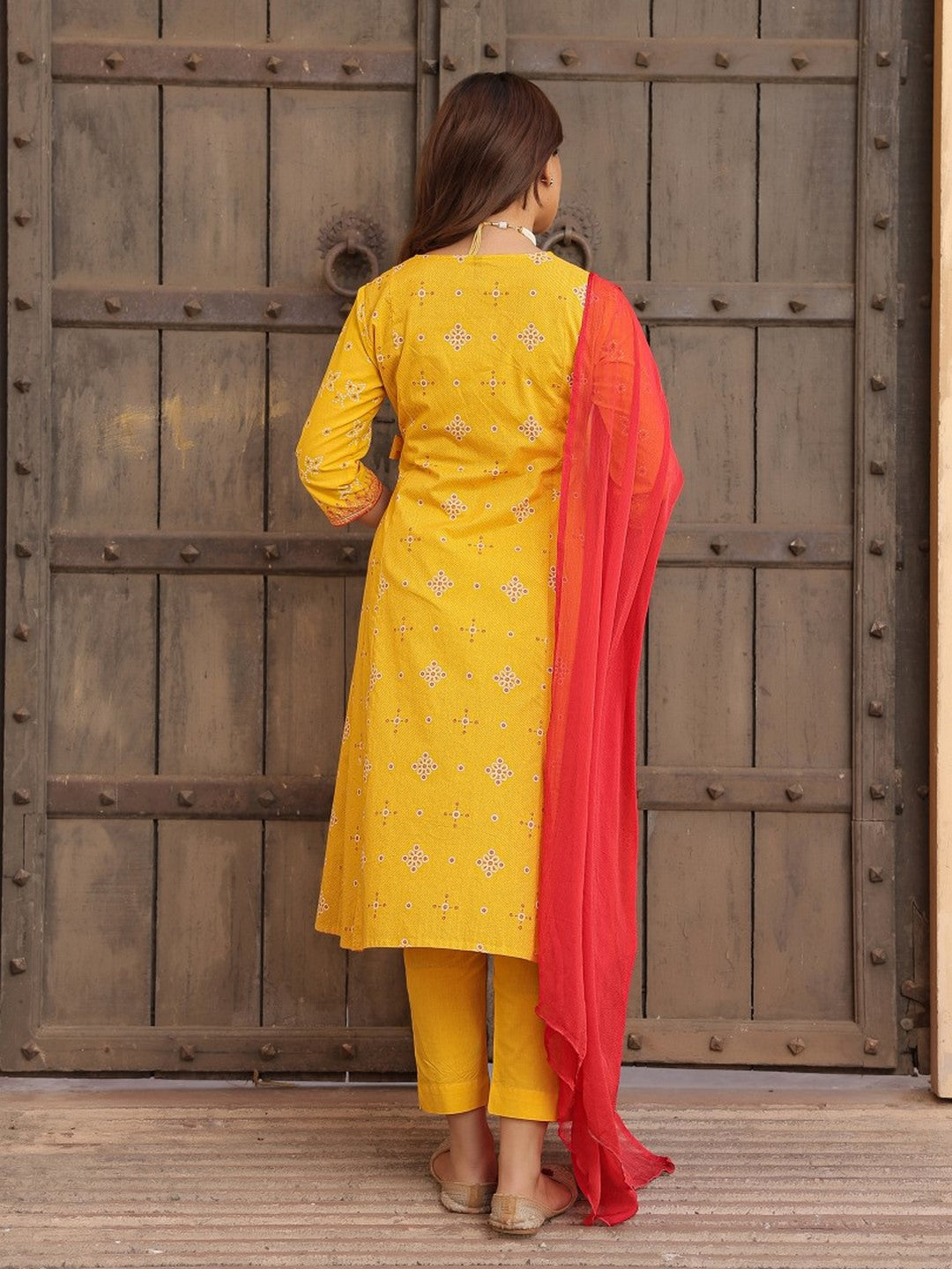 Mustard Bandhani Print Angrakha Cotton Kurta With Pants & Dupatta Set With Mirror Work Embroidery
