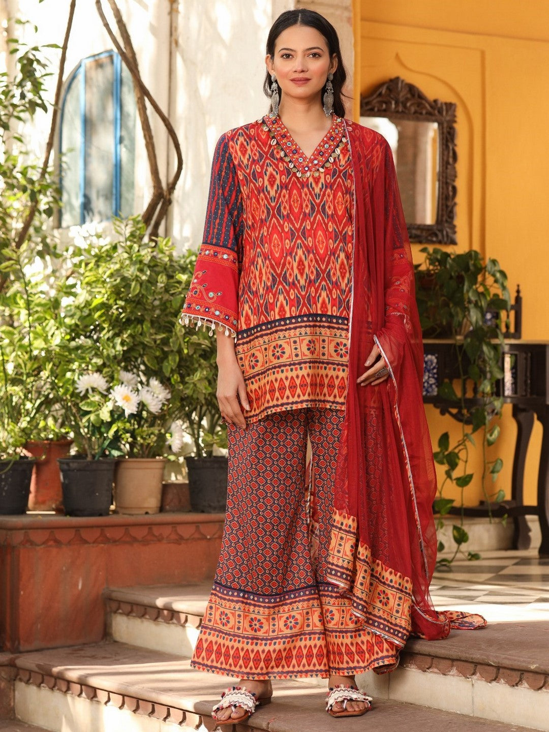 Rust Ikat Printed Cotton Voile Kurta Bell Bottom & Dupatta Set With Coins Kaudis & Mirror Work