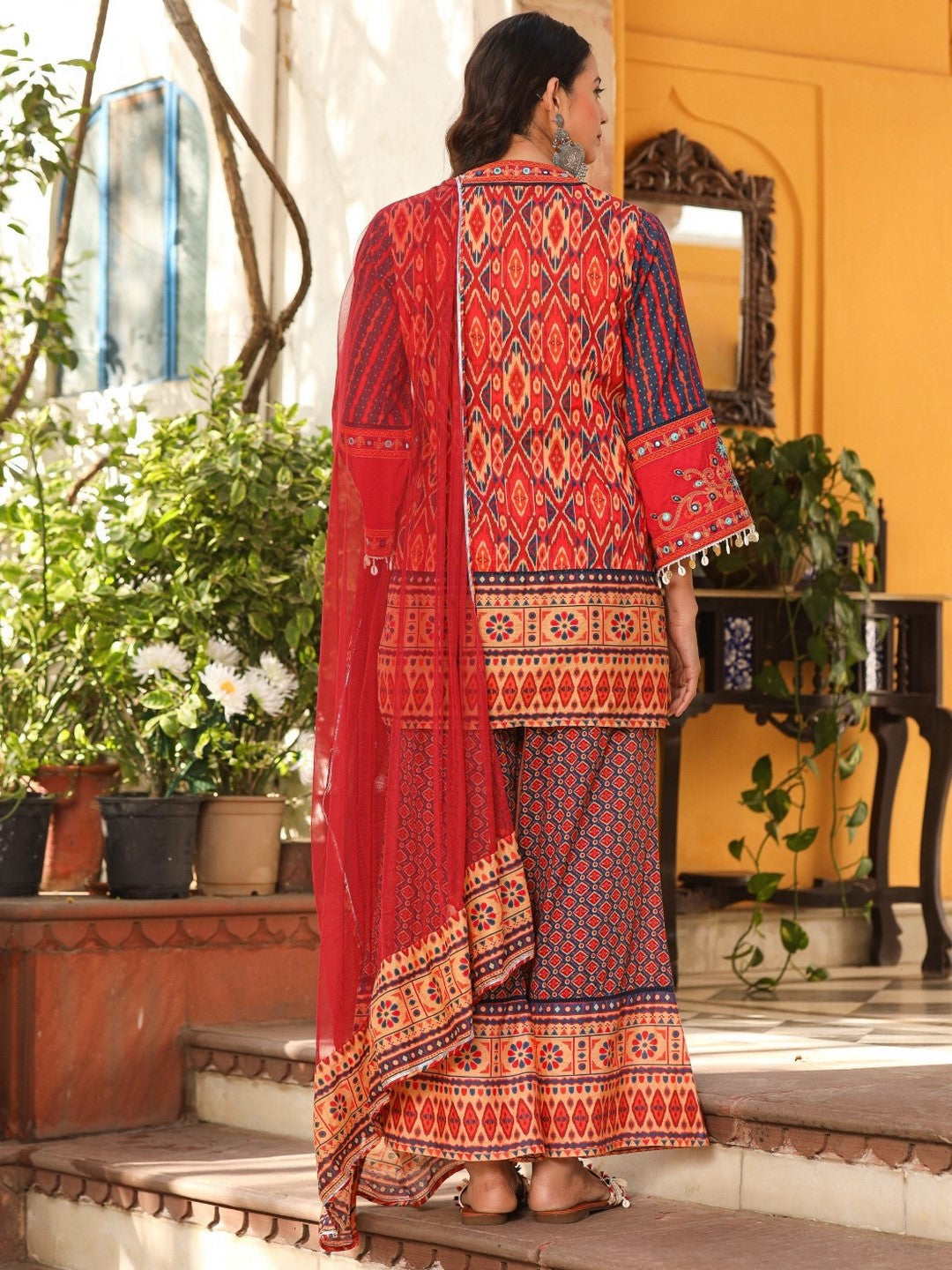 Rust Ikat Printed Cotton Voile Kurta Bell Bottom & Dupatta Set With Coins Kaudis & Mirror Work