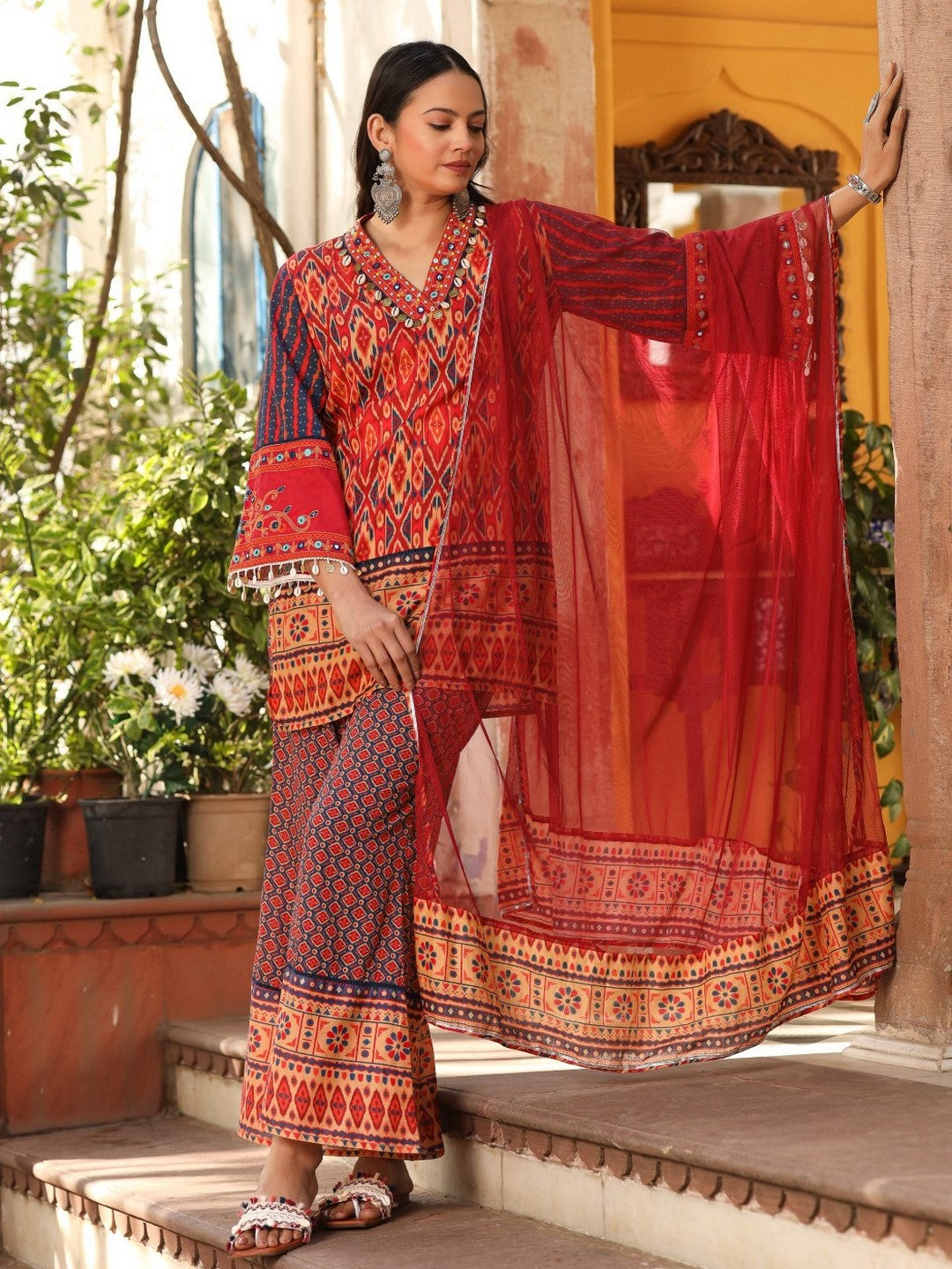 Rust Ikat Printed Cotton Voile Kurta Bell Bottom & Dupatta Set With Coins Kaudis & Mirror Work