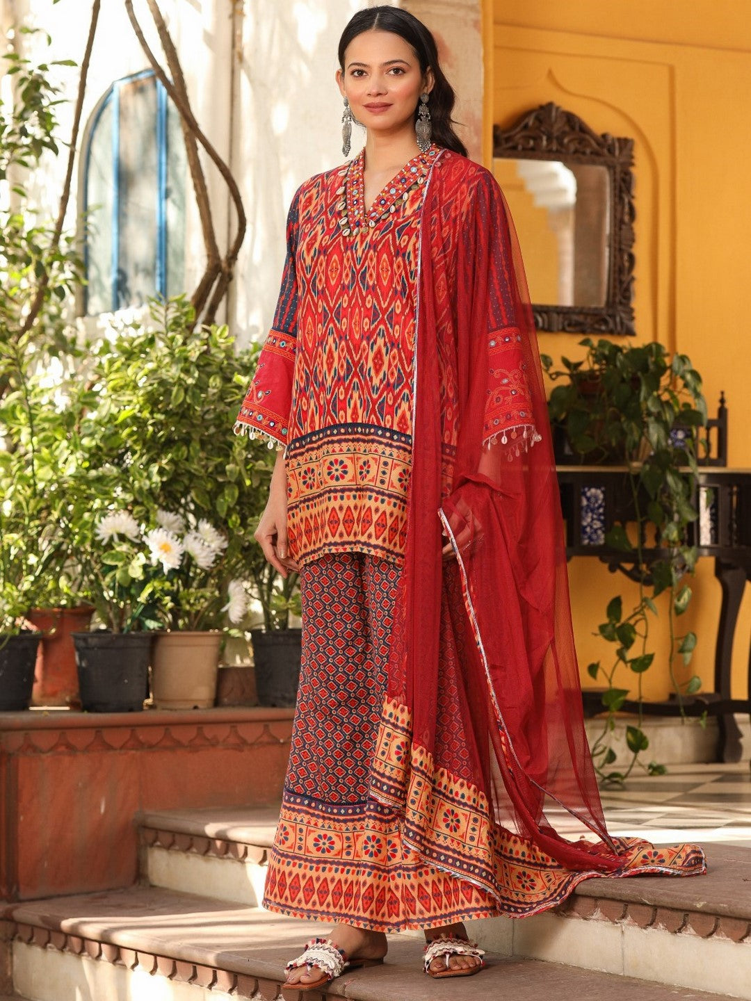 Rust Ikat Printed Cotton Voile Kurta Bell Bottom & Dupatta Set With Coins Kaudis & Mirror Work